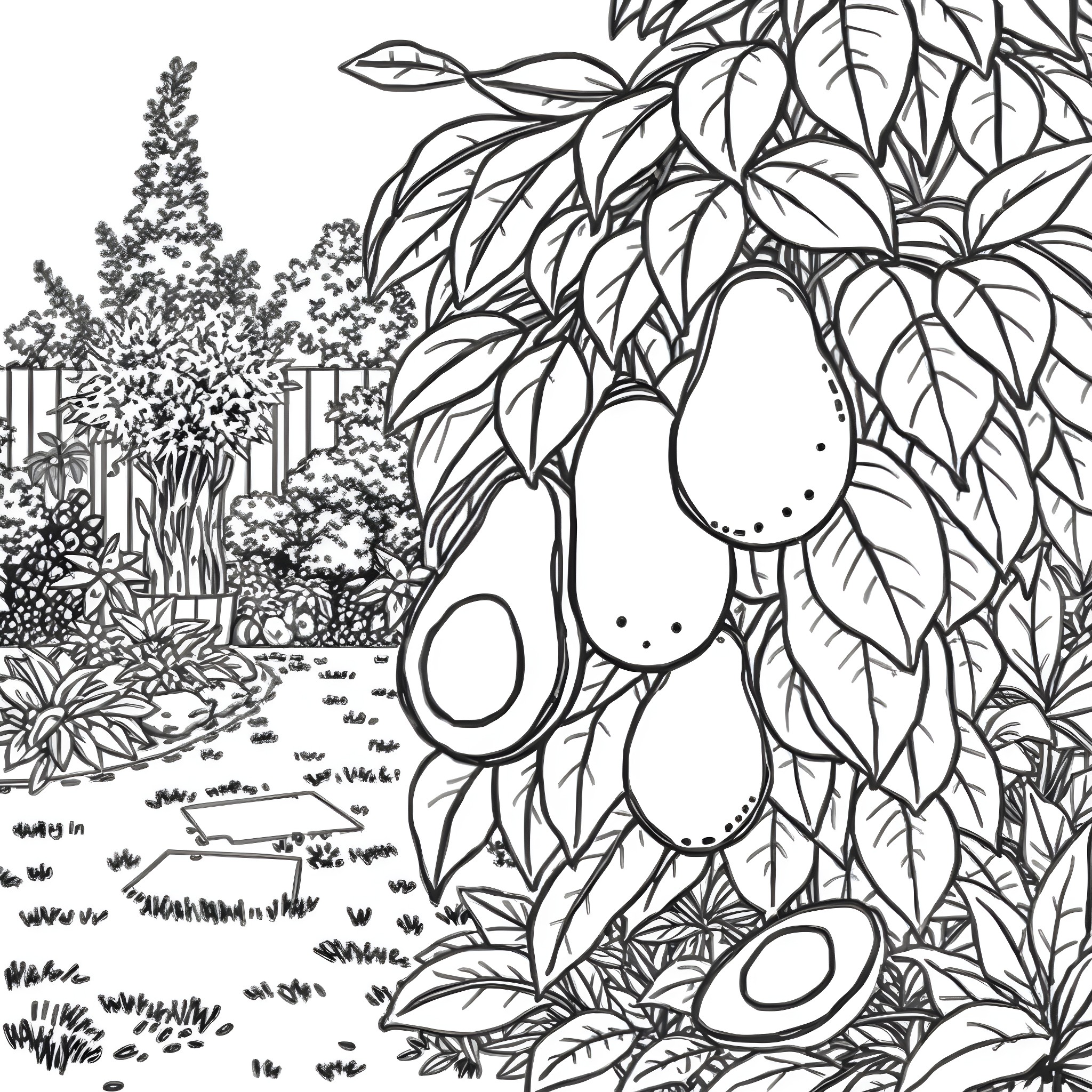 Avocado tree in a lush garden Coloring Page (free black-and-white line drawing printable PDF for all, from beginners to advanced learners, including children, teens, adults, and seniors)