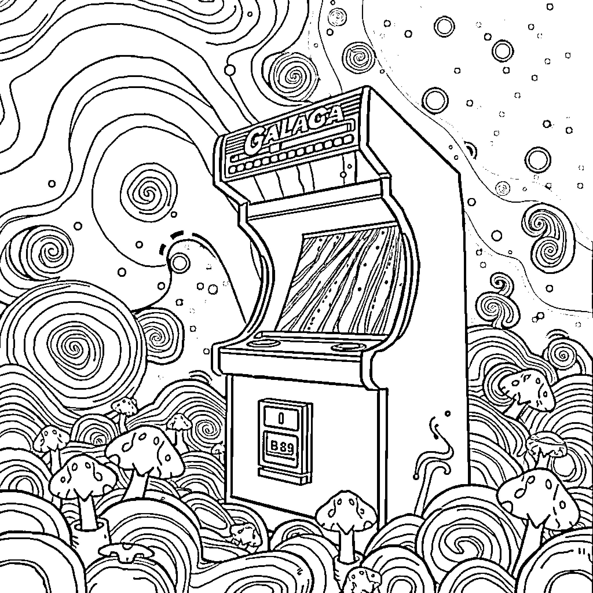 Galaga arcade game in the abstract landscape Coloring Page (free black-and-white line drawing printable PDF for all, from beginners to advanced learners, including children, teens, adults, and seniors)