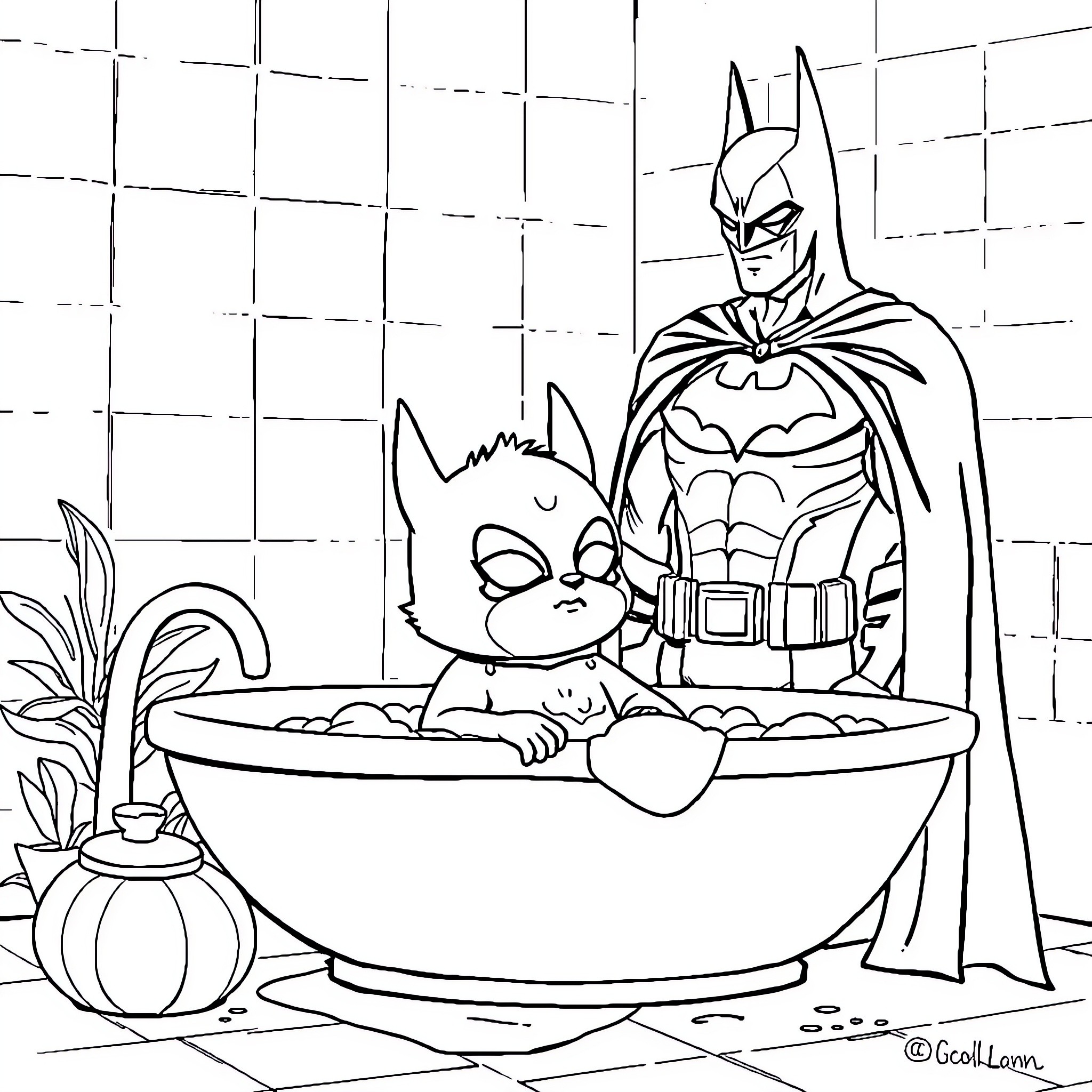 Labubu's Playful Encounter with the Caped Crusader Coloring Page (free black-and-white line drawing printable PDF for all, from beginners to advanced learners, including children, teens, adults, and seniors)