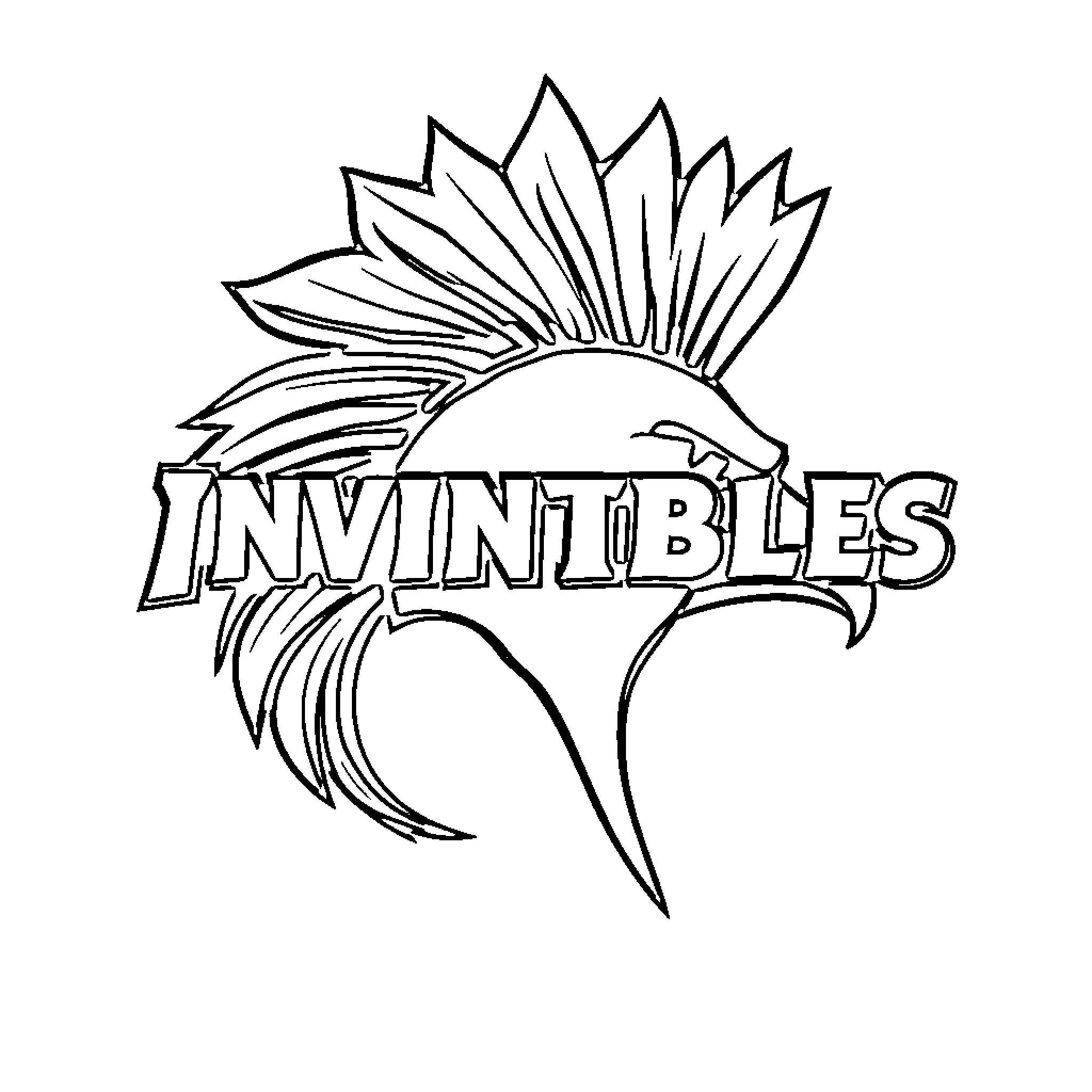 Mohawk Eagle Mascot with 'Invincibles' Text Coloring Page (free black-and-white line drawing printable PDF for all, from beginners to advanced learners, including children, teens, adults, and seniors)