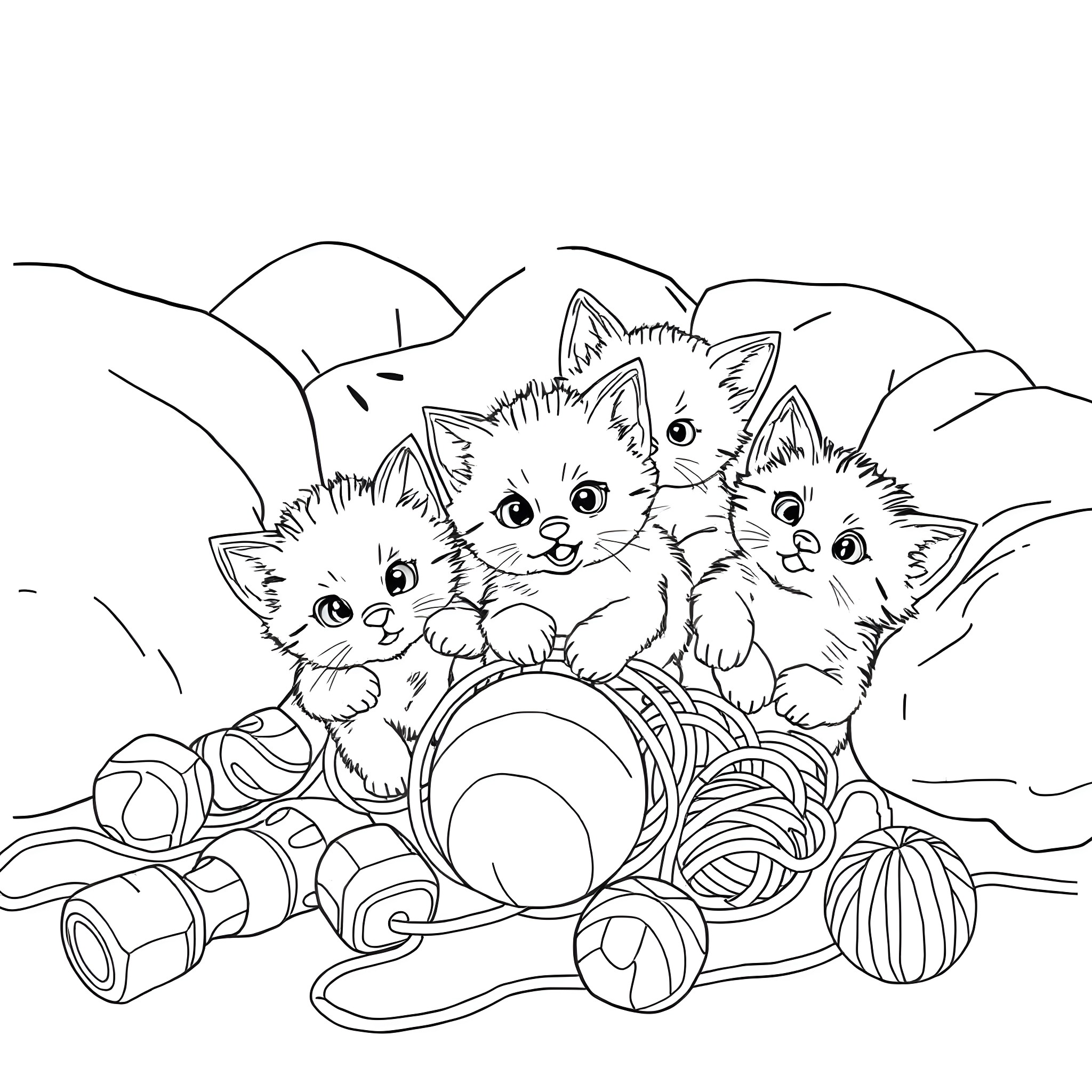 Kittens playing in a cozy basket Coloring Page (free black-and-white line drawing printable PDF for all, from beginners to advanced learners, including children, teens, adults, and seniors)