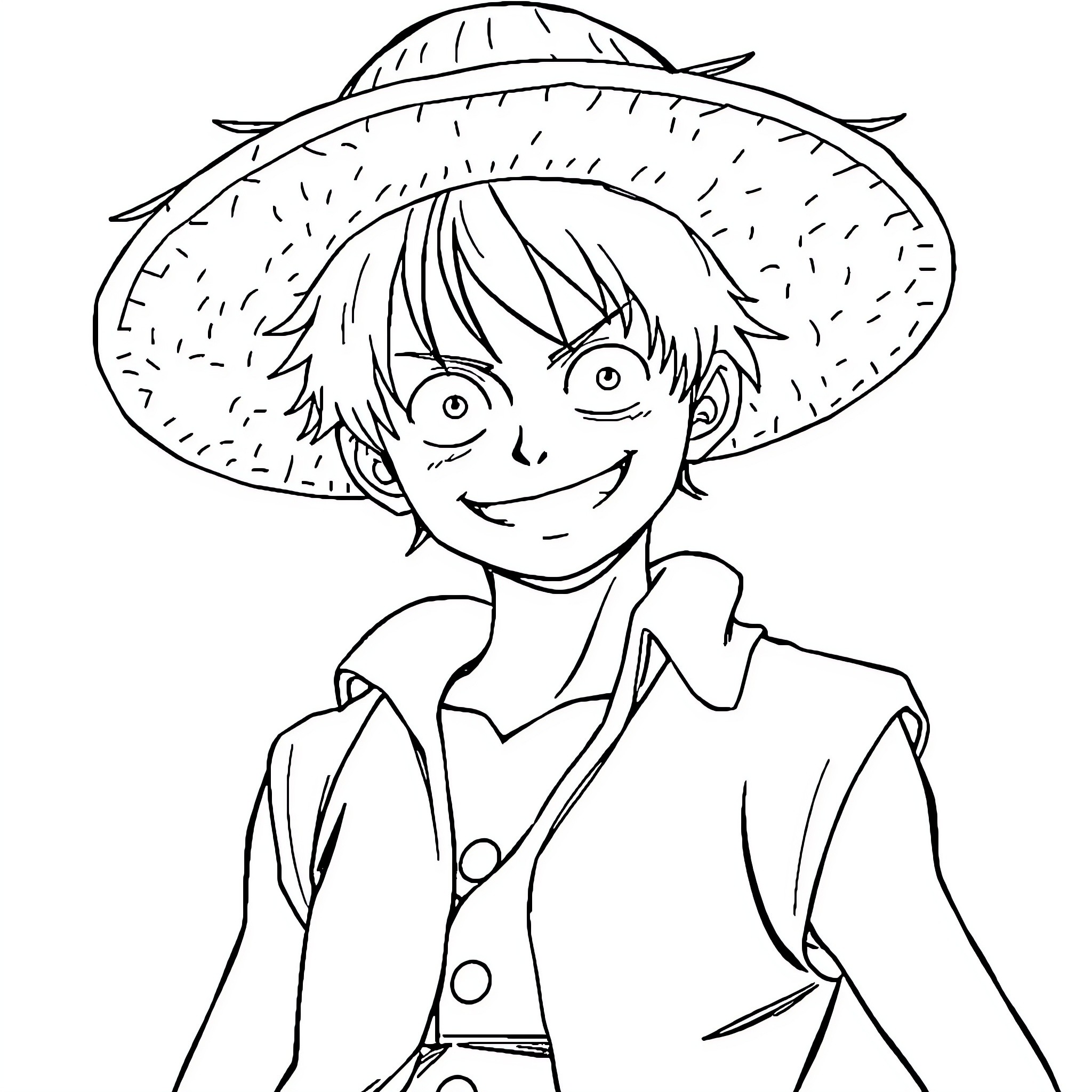 Luffy's Lively Adventure in the Straw Hat Coloring Page (free black-and-white line drawing printable PDF for all, from beginners to advanced learners, including children, teens, adults, and seniors)
