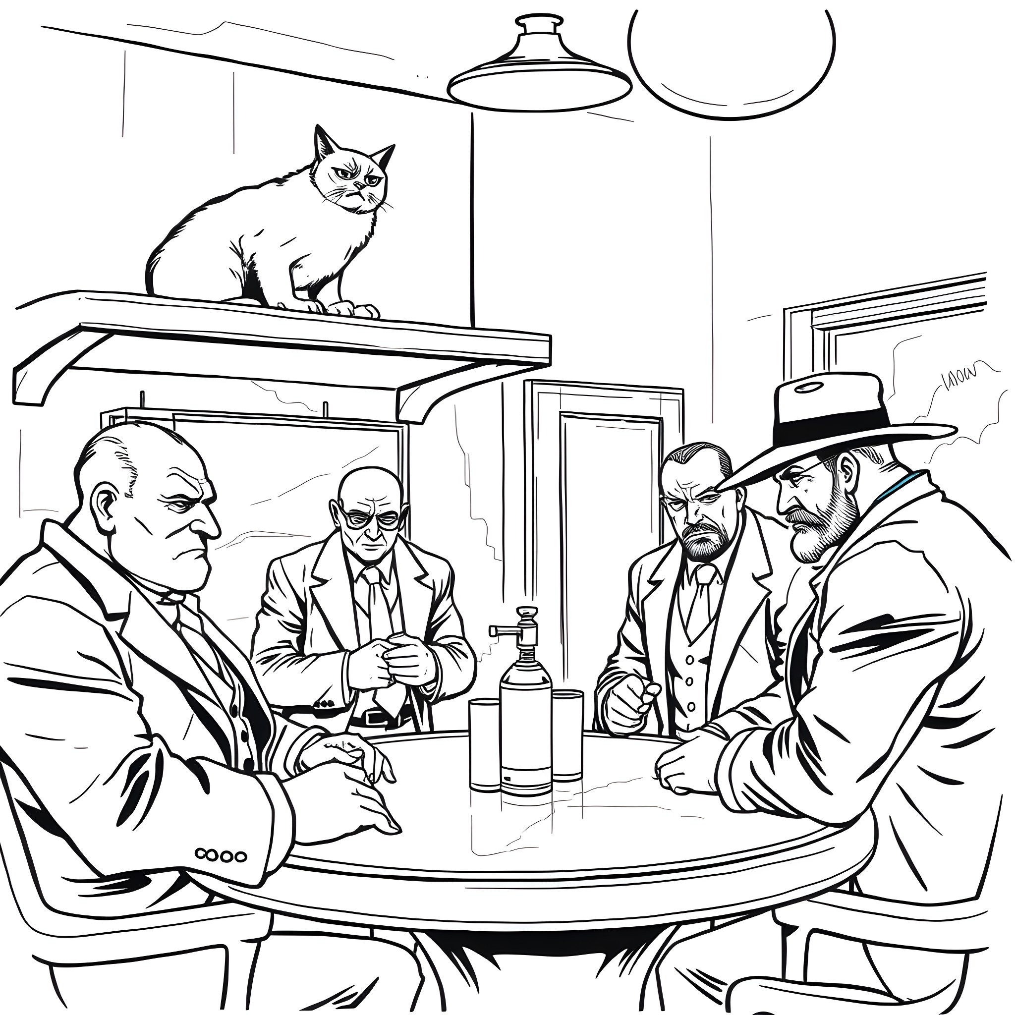 Cat observing men in a bar Coloring Page (free black-and-white line drawing printable PDF for all, from beginners to advanced learners, including children, teens, adults, and seniors)