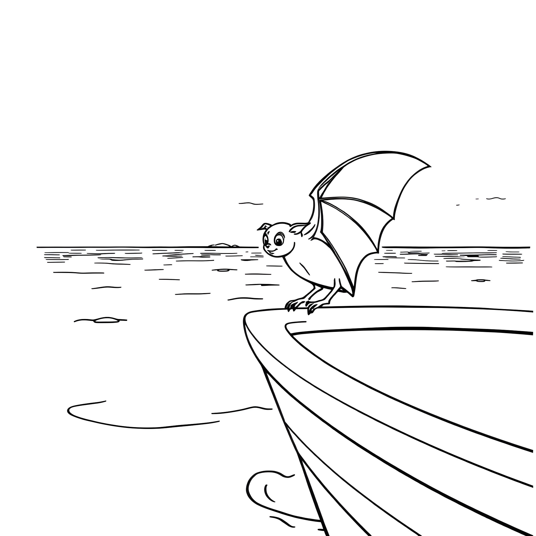 Bat perched on the edge of a boat Coloring Page (free black-and-white line drawing printable PDF for all, from beginners to advanced learners, including children, teens, adults, and seniors)