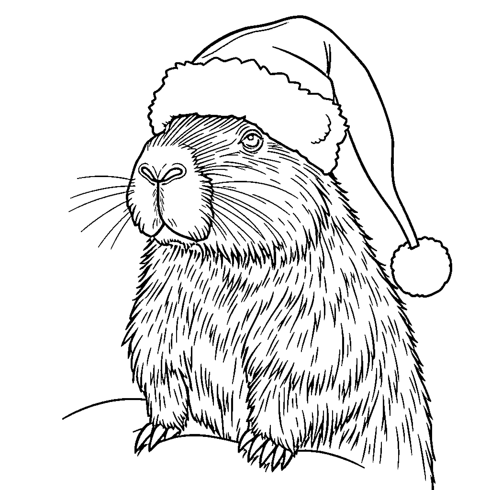 Capybara wearing a festive Santa hat Coloring Page (free black-and-white line drawing printable PDF for all, from beginners to advanced learners, including children, teens, adults, and seniors)