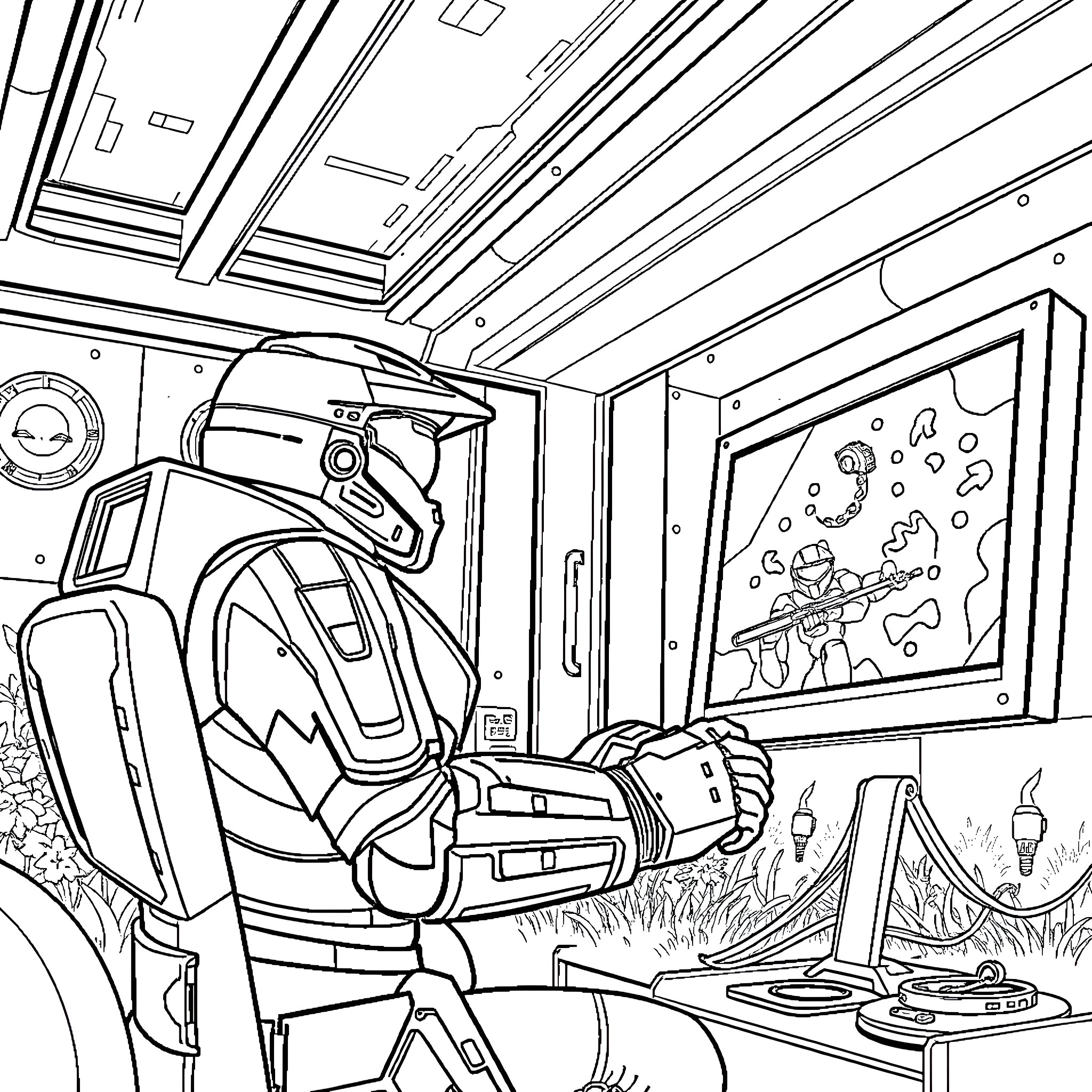 Master Chief in action-packed alien environment Coloring Page (free black-and-white line drawing printable PDF for all, from beginners to advanced learners, including children, teens, adults, and seniors)