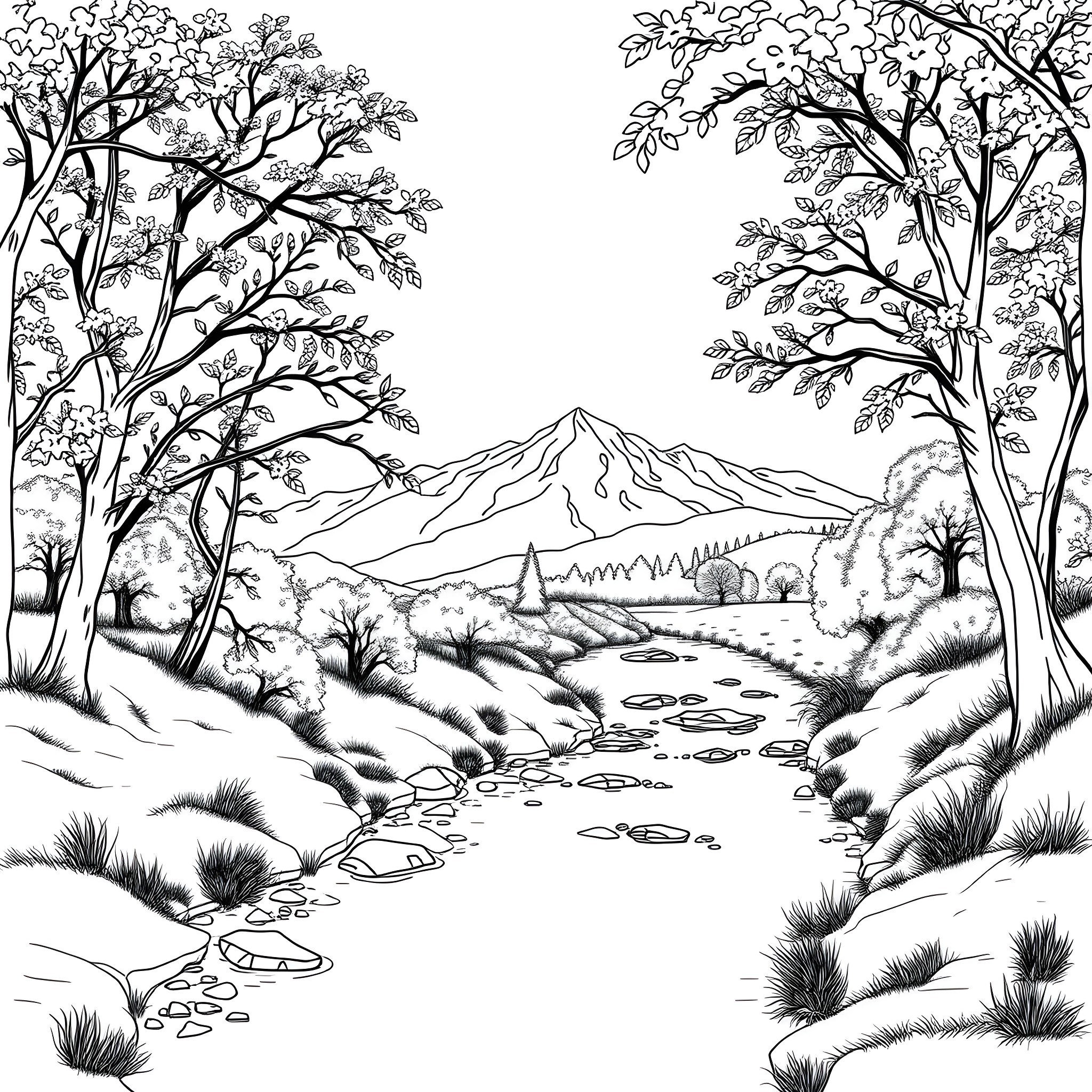 Outdoor scenic landscape with flowing stream and mountains Coloring Page (free black-and-white line drawing printable PDF for all, from beginners to advanced learners, including children, teens, adults, and seniors)