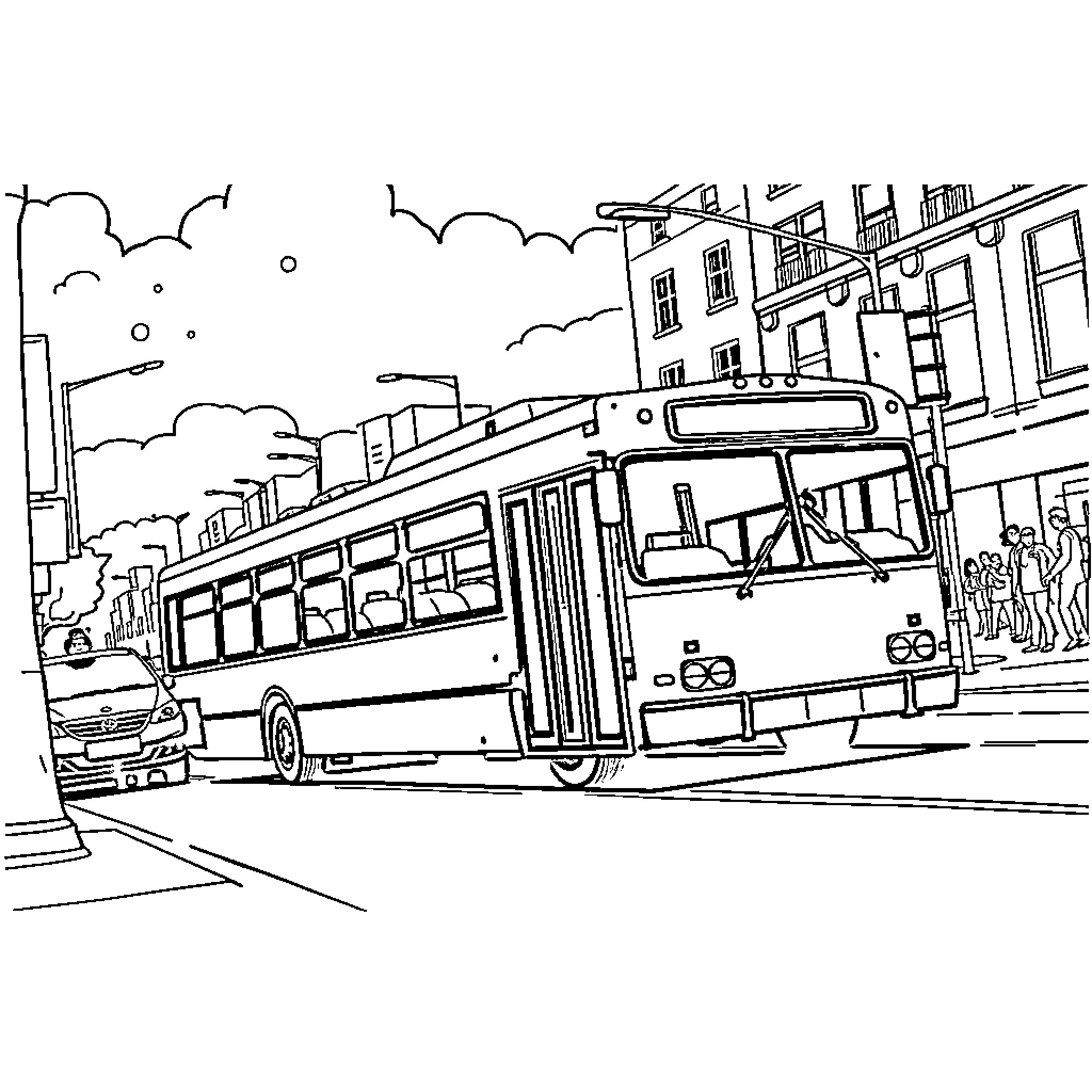 Bus travelling through a city street Coloring Page (free black-and-white line drawing printable PDF for all, from beginners to advanced learners, including children, teens, adults, and seniors)
