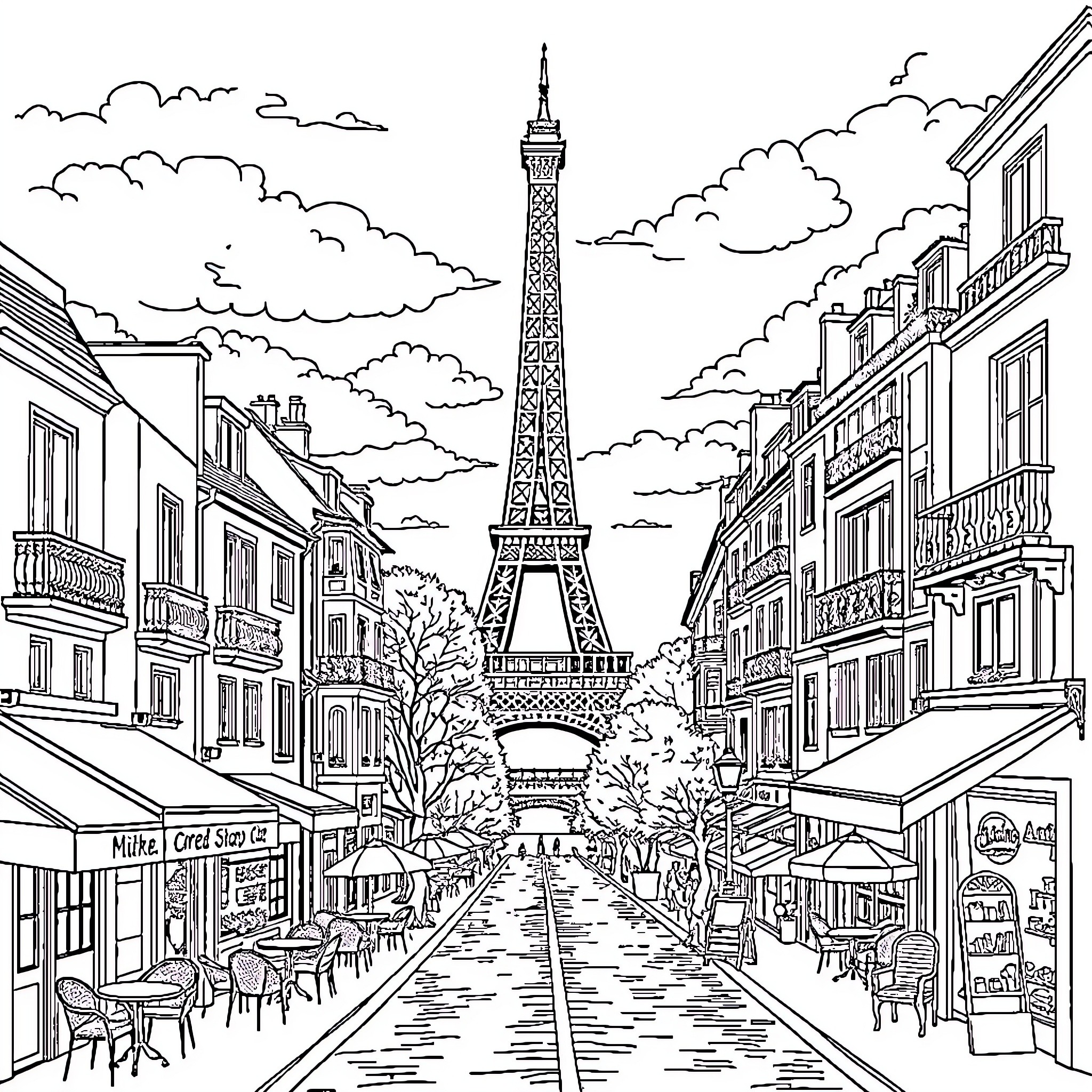 Paris cityscape with Eiffel Tower and bustling street Coloring Page (free black-and-white line drawing printable PDF for all, from beginners to advanced learners, including children, teens, adults, and seniors)