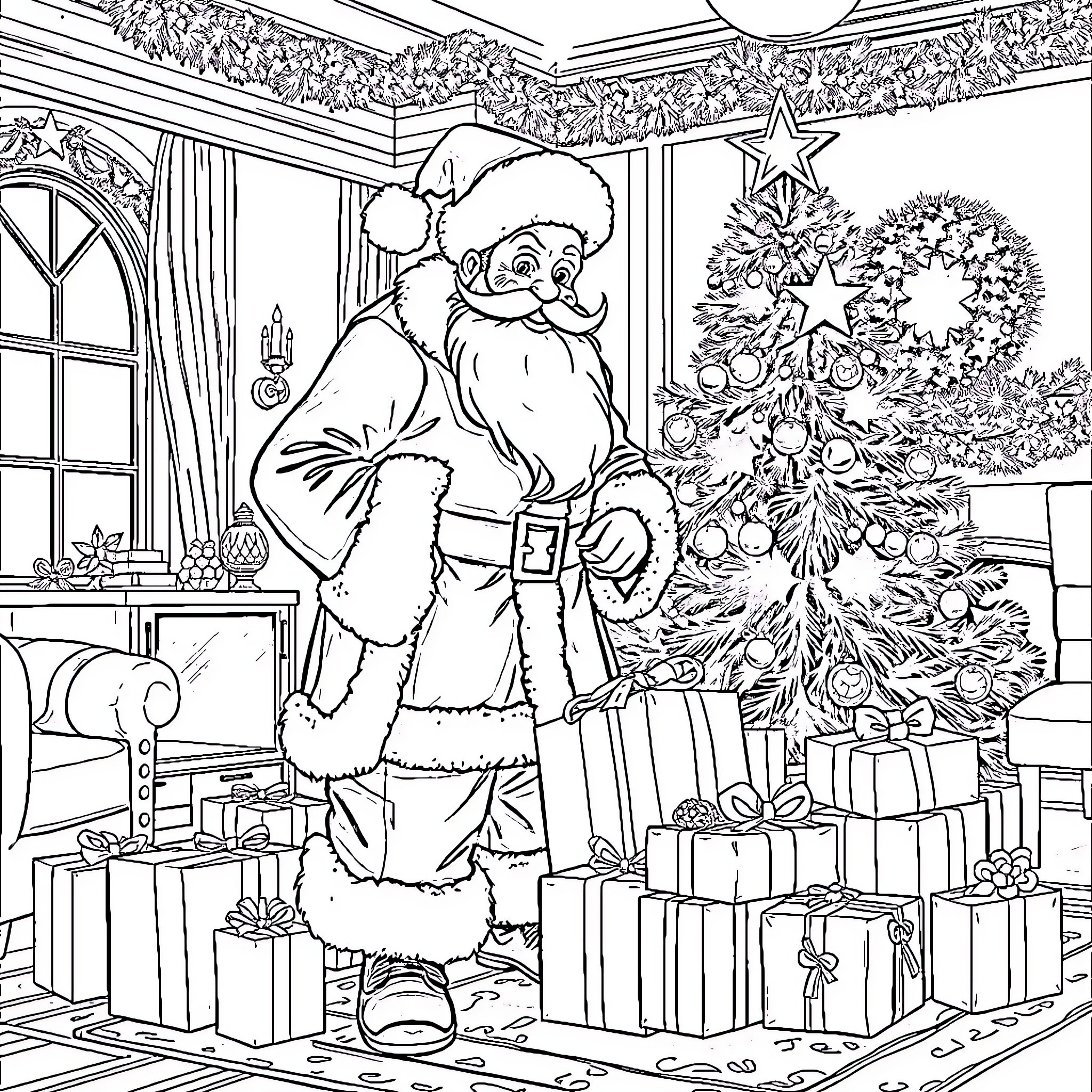 Père Noël preparing for Christmas festivities Coloring Page (free black-and-white line drawing printable PDF for all, from beginners to advanced learners, including children, teens, adults, and seniors)