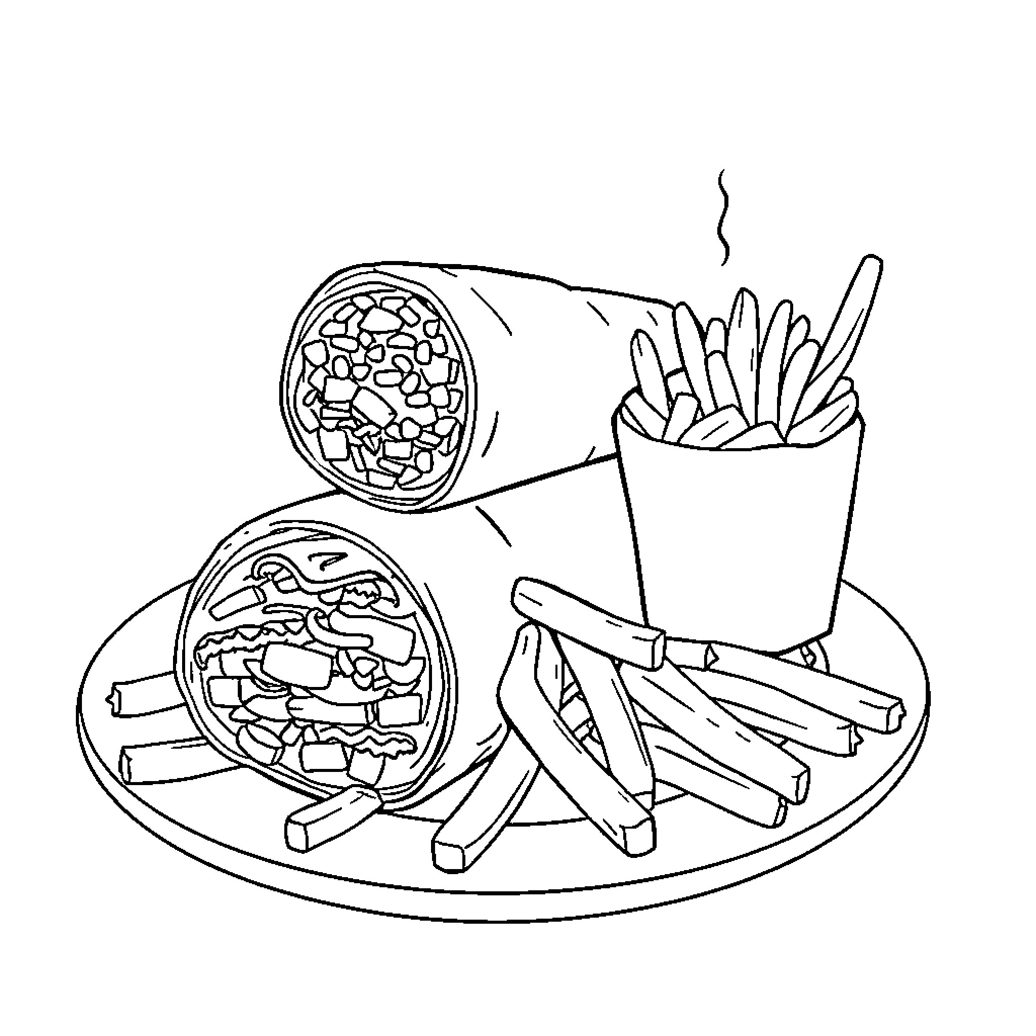 Snack time with fast food favorites Coloring Page (free black-and-white line drawing printable PDF for all, from beginners to advanced learners, including children, teens, adults, and seniors)