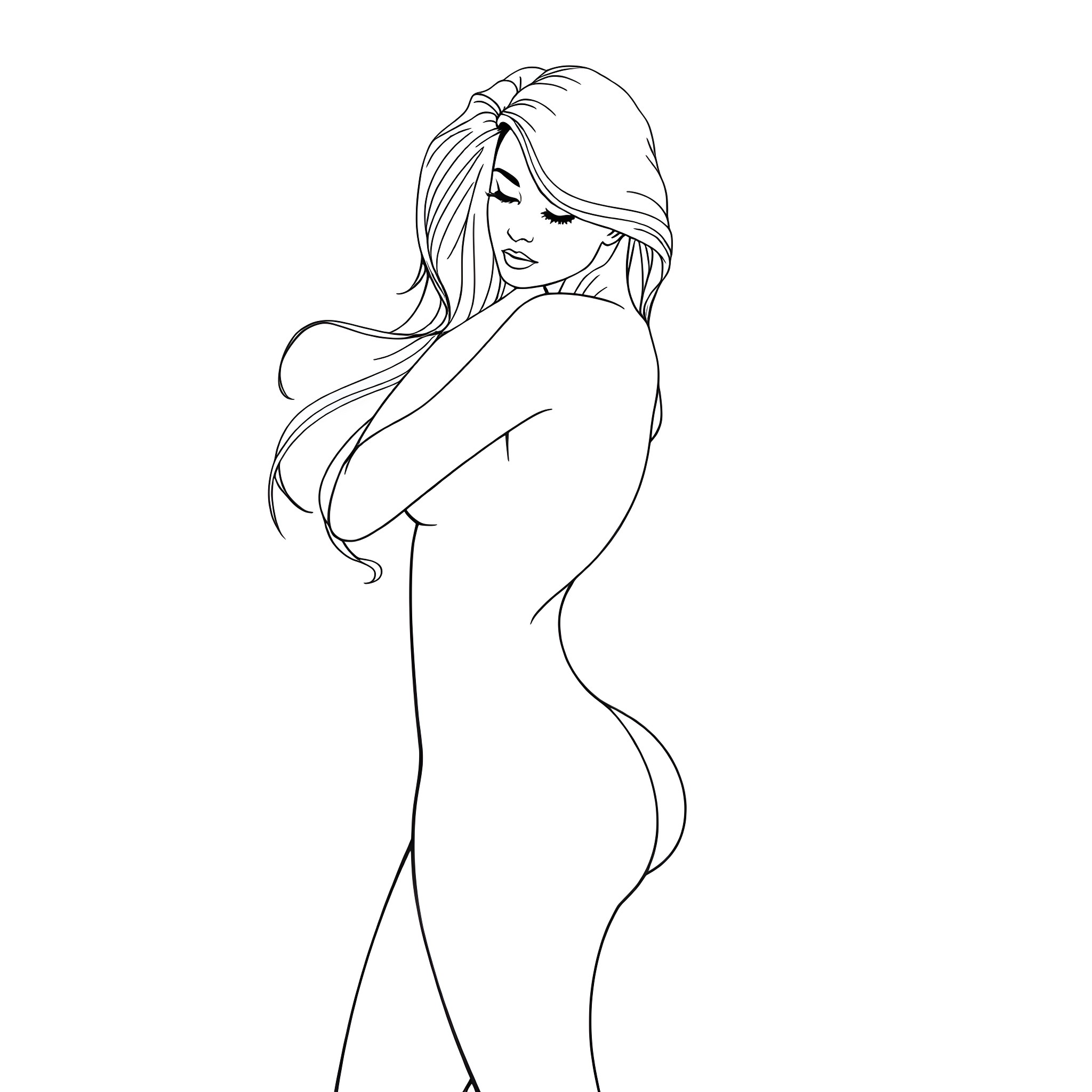 Woman in contemplative pose with flowing hair Coloring Page (free black-and-white line drawing printable PDF for all, from beginners to advanced learners, including children, teens, adults, and seniors)