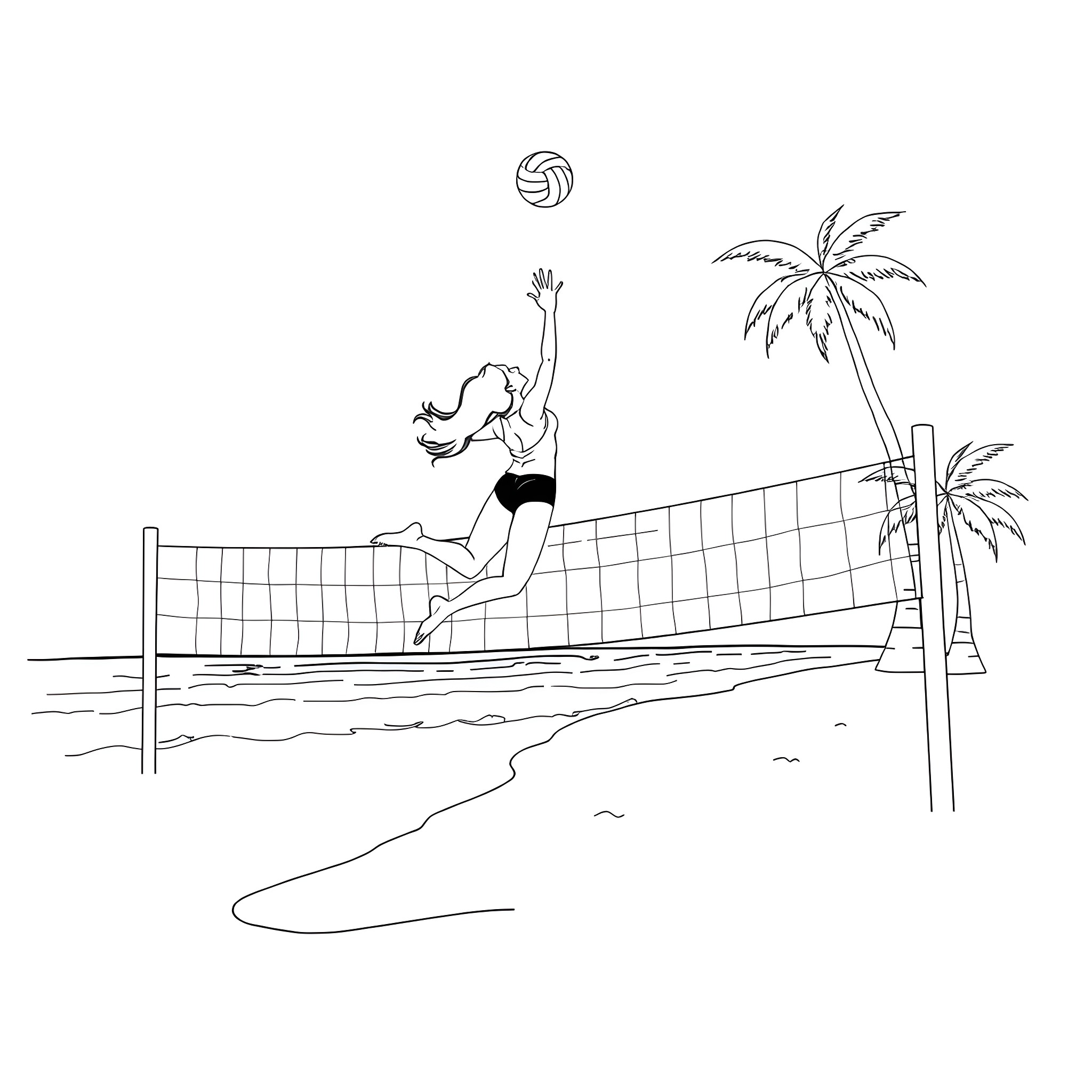 Lady playing volleyball on the beach Coloring Page (free black-and-white line drawing printable PDF for all, from beginners to advanced learners, including children, teens, adults, and seniors)