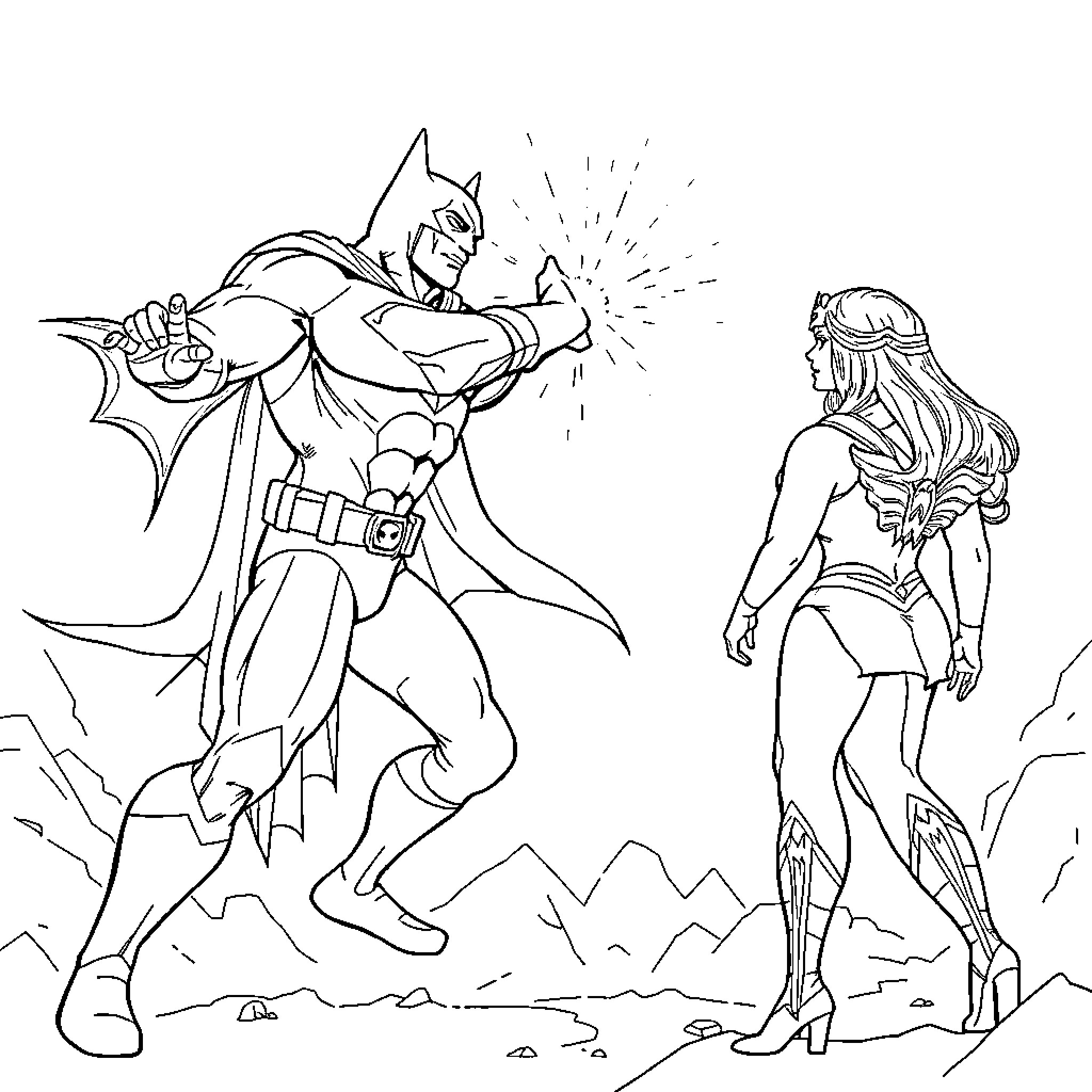 Batman facing off against a female superhero Coloring Page (free black-and-white line drawing printable PDF for all, from beginners to advanced learners, including children, teens, adults, and seniors)