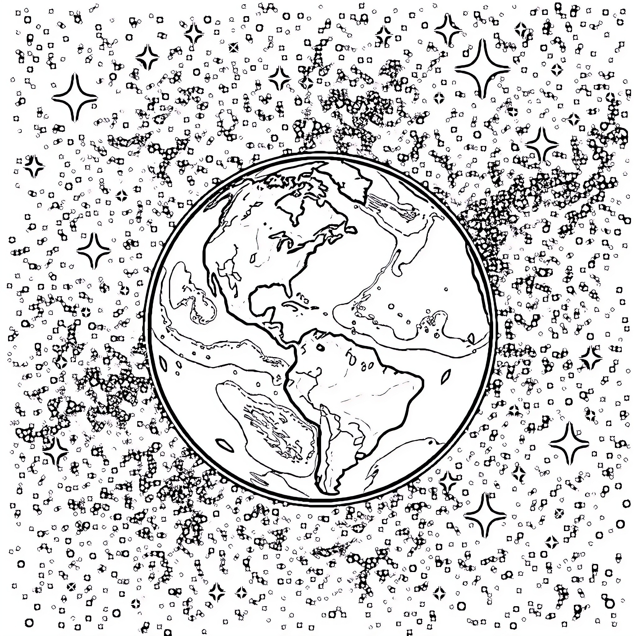 Earth surrounded by stars and cosmic elements Coloring Page (free black-and-white line drawing printable PDF for all, from beginners to advanced learners, including children, teens, adults, and seniors)