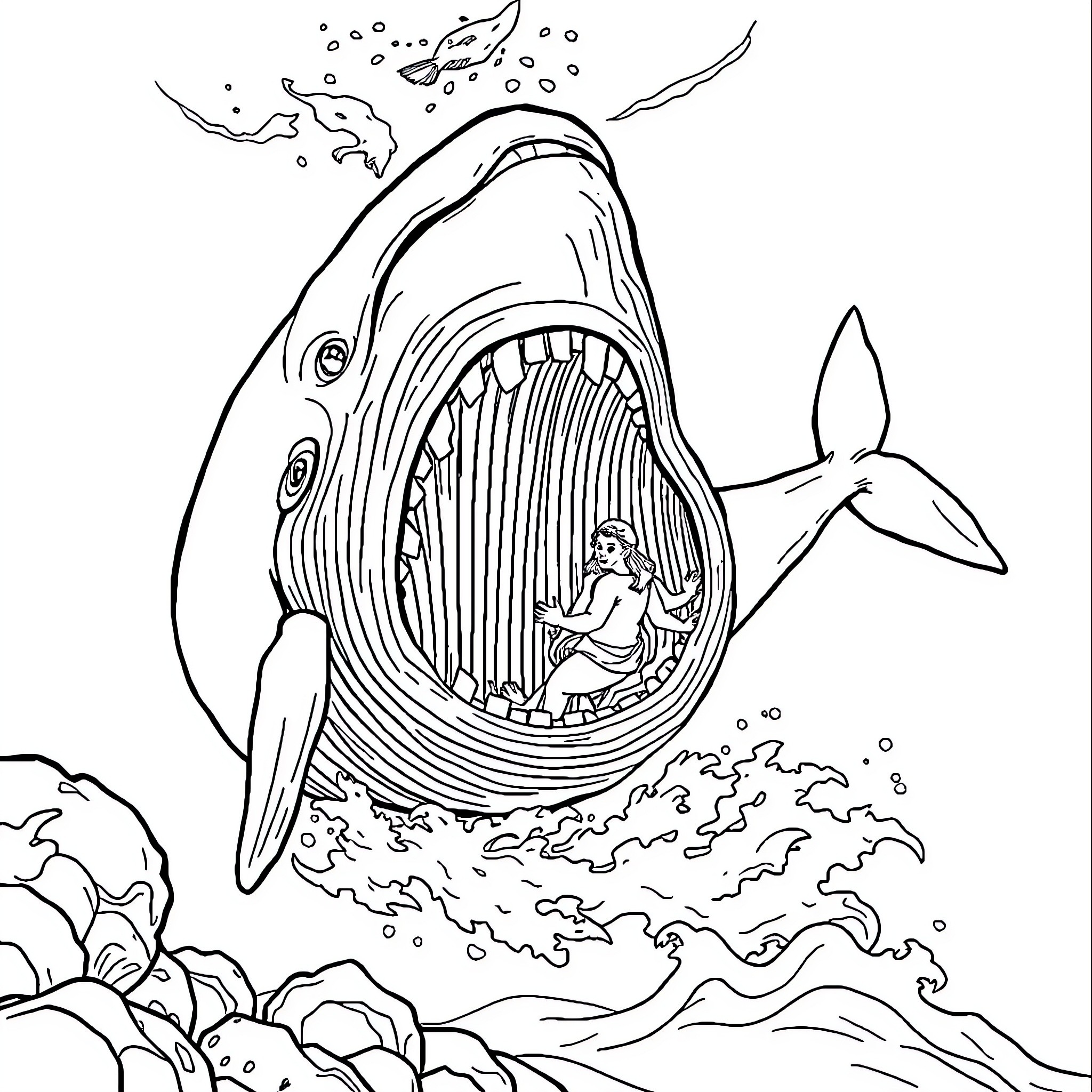 Jonah swallowed by the great whale Coloring Page (free black-and-white line drawing printable PDF for all, from beginners to advanced learners, including children, teens, adults, and seniors)
