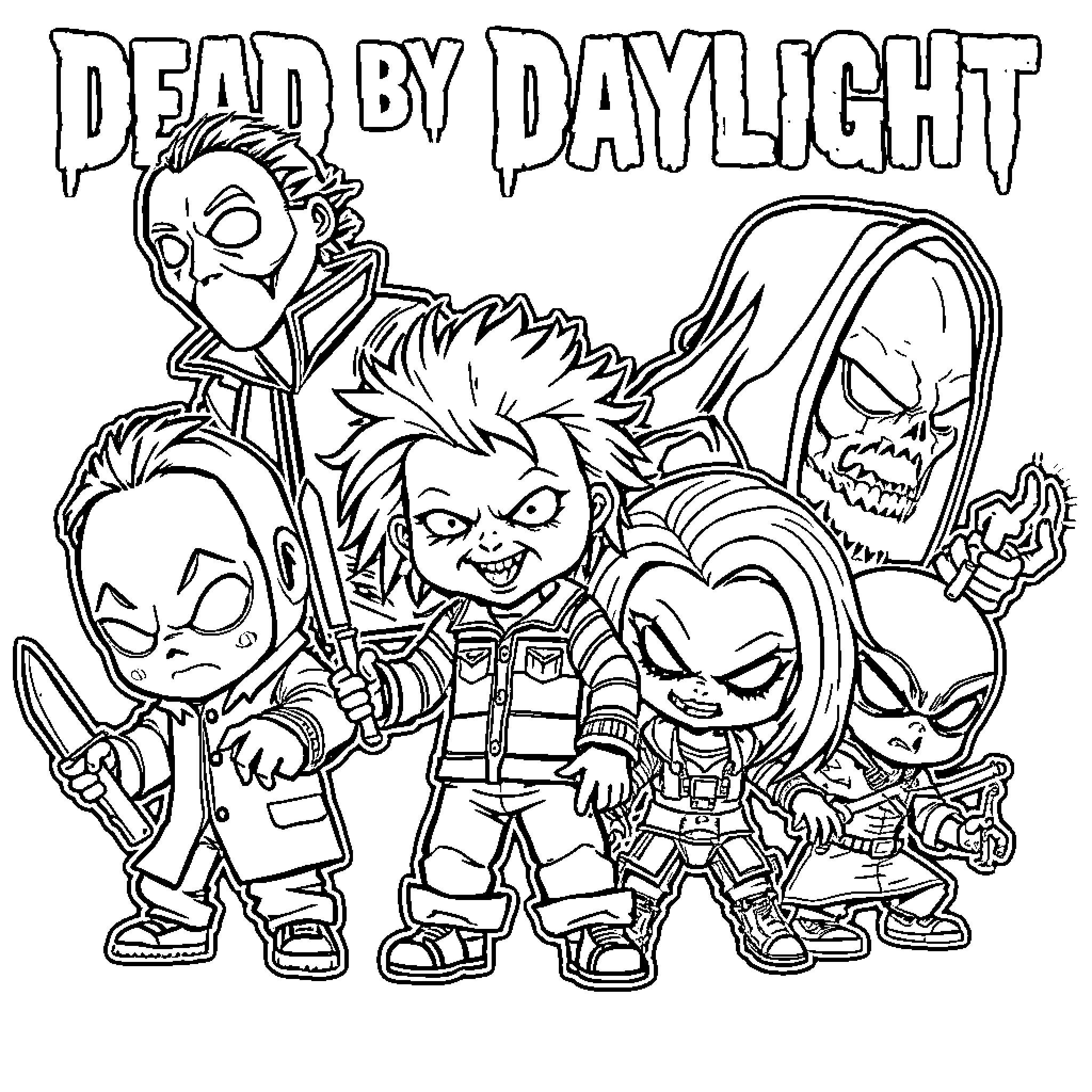 Villain group in action-packed Dead by Daylight Coloring Page (free black-and-white line drawing printable PDF for all, from beginners to advanced learners, including children, teens, adults, and seniors)