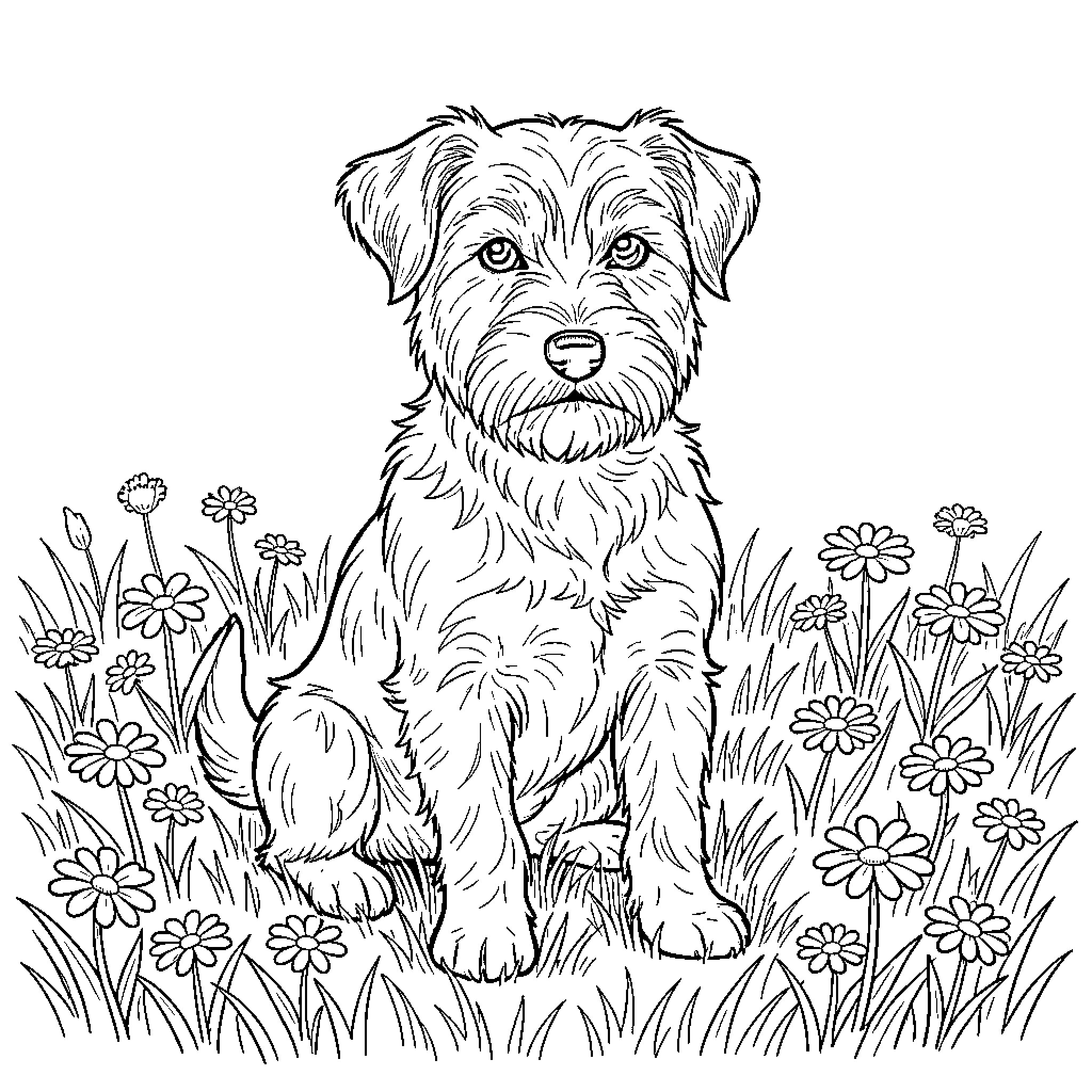 Terrier sitting calmly in a field of flowers Coloring Page (free black-and-white line drawing printable PDF for all, from beginners to advanced learners, including children, teens, adults, and seniors)