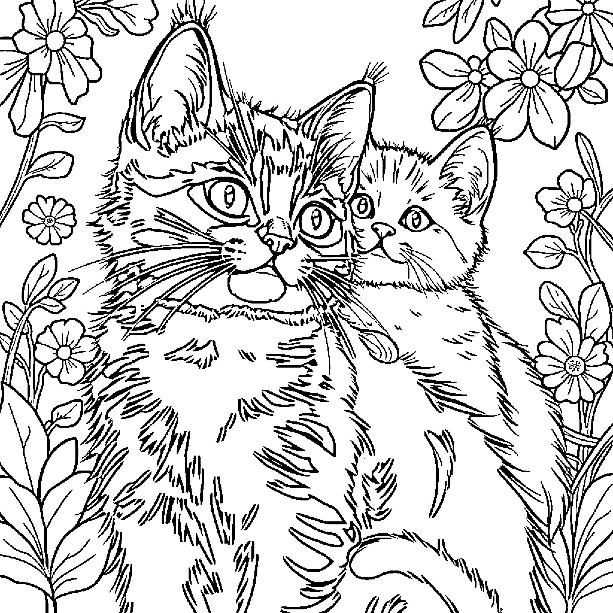 Animal kittens among floral illustrations Coloring Page (free black-and-white line drawing printable PDF for all, from beginners to advanced learners, including children, teens, adults, and seniors)