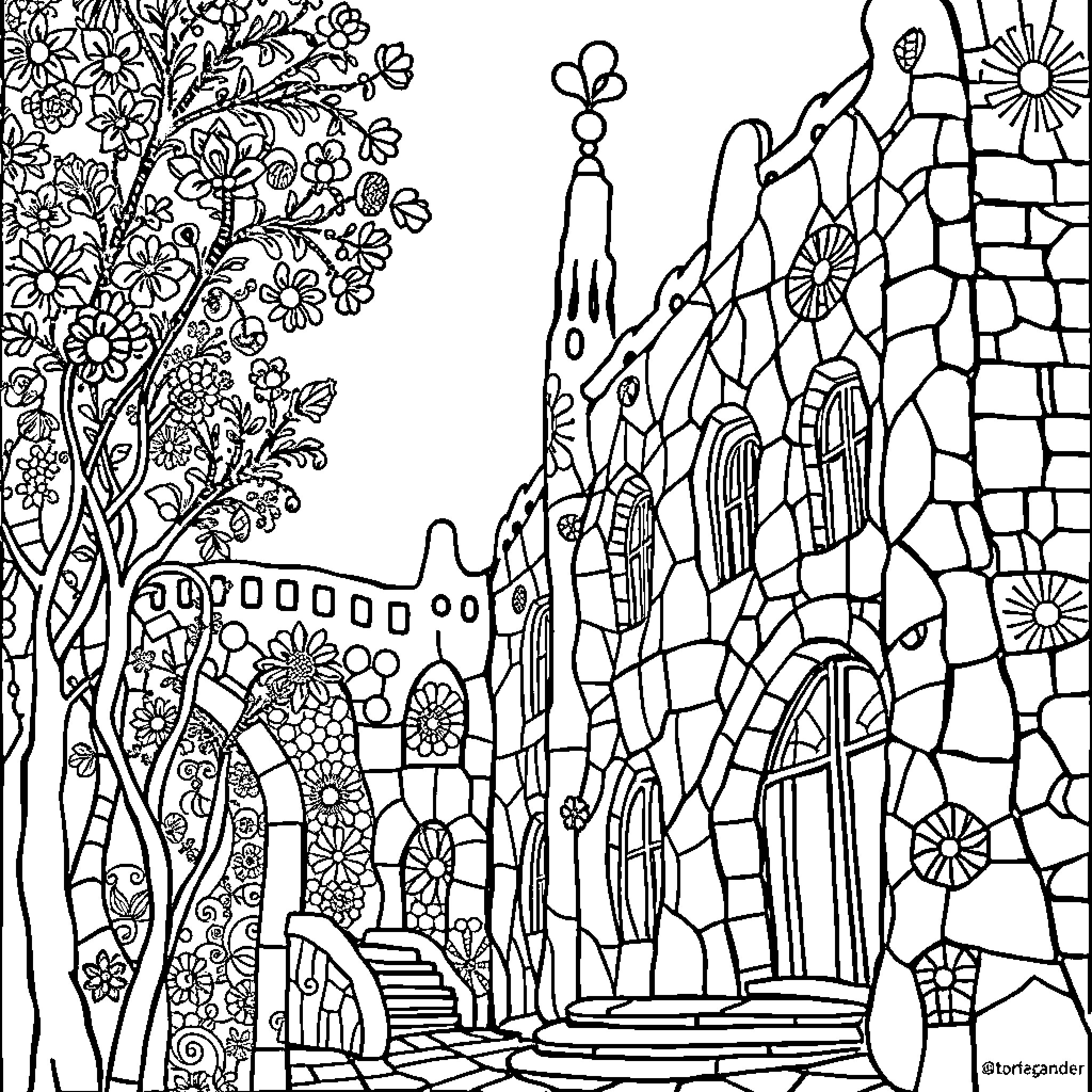 Trencadis: Whimsical Architectural Fantasia Coloring Page (free black-and-white line drawing printable PDF for all, from beginners to advanced learners, including children, teens, adults, and seniors)