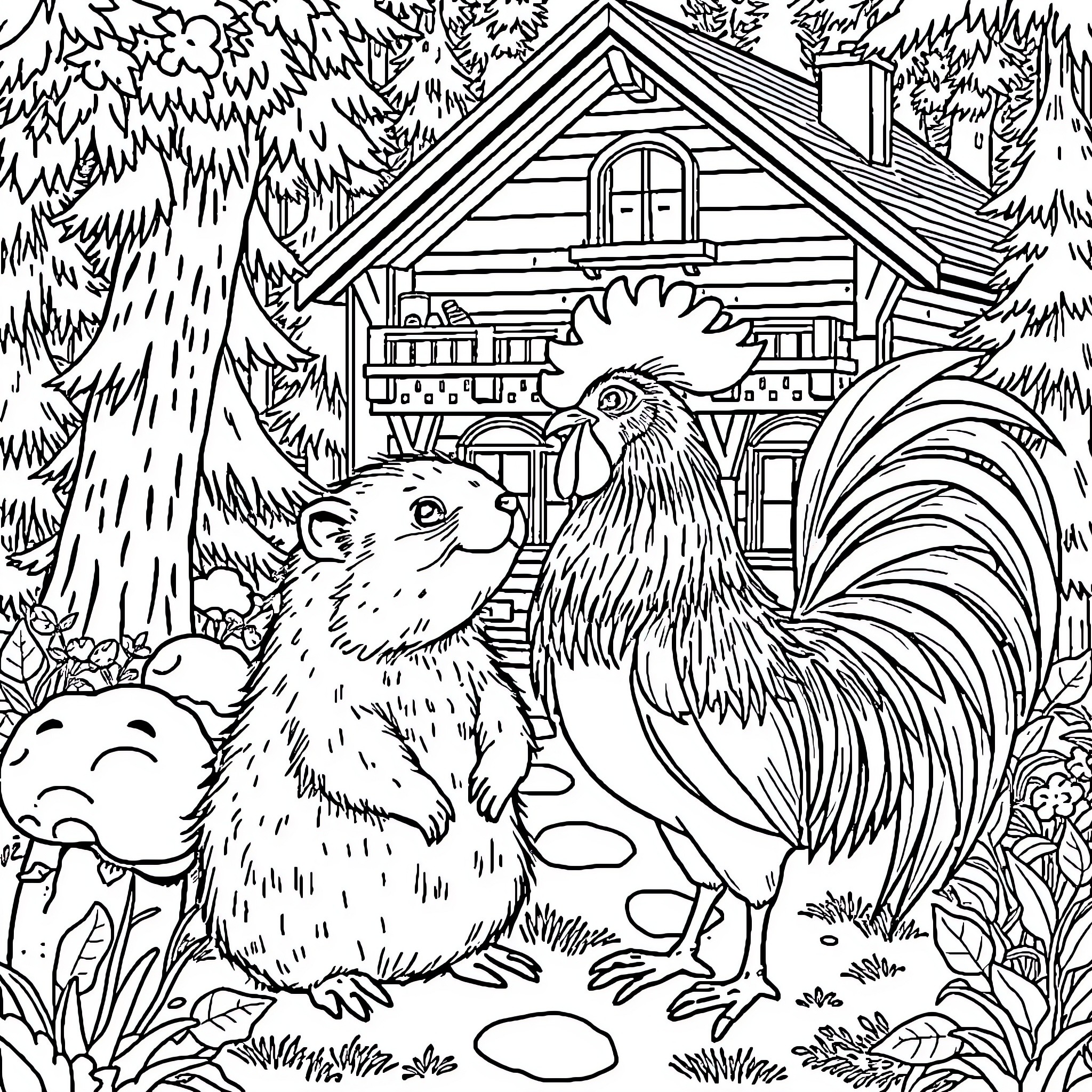 Marmot and Rooster in the Rustic Forest Coloring Page (free black-and-white line drawing printable PDF for all, from beginners to advanced learners, including children, teens, adults, and seniors)