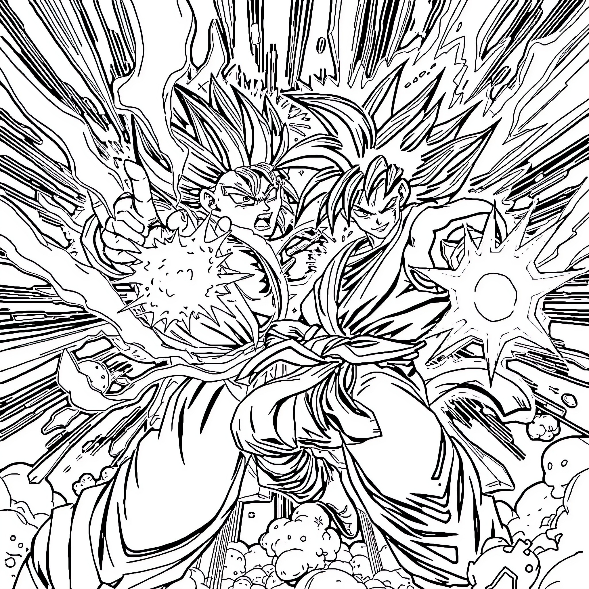 Son Goku's Fierce Battle with Intense Energy Bursts Coloring Page (free black-and-white line drawing printable PDF for all, from beginners to advanced learners, including children, teens, adults, and seniors)