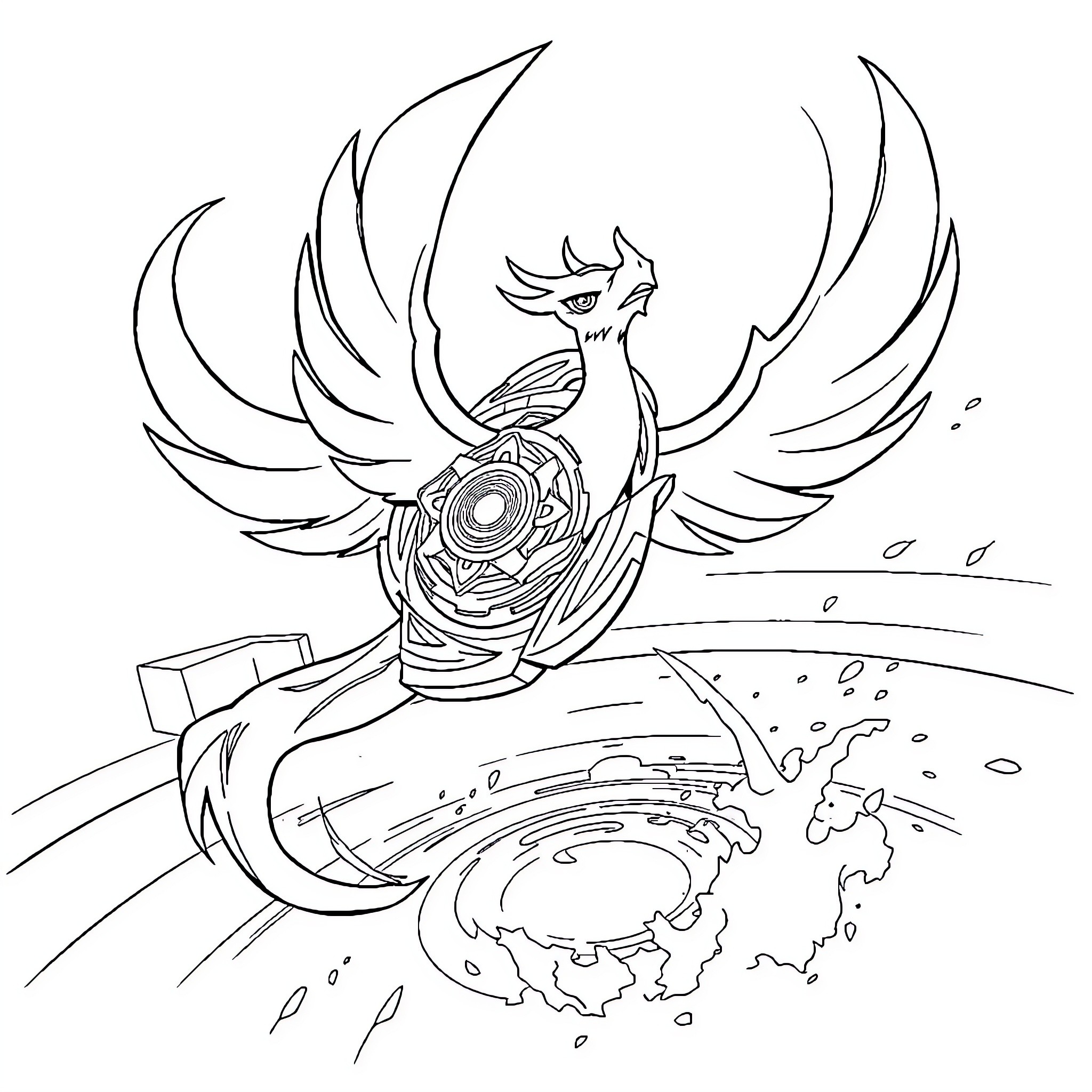 Phoenix rising above the cosmic landscape Coloring Page (free black-and-white line drawing printable PDF for all, from beginners to advanced learners, including children, teens, adults, and seniors)