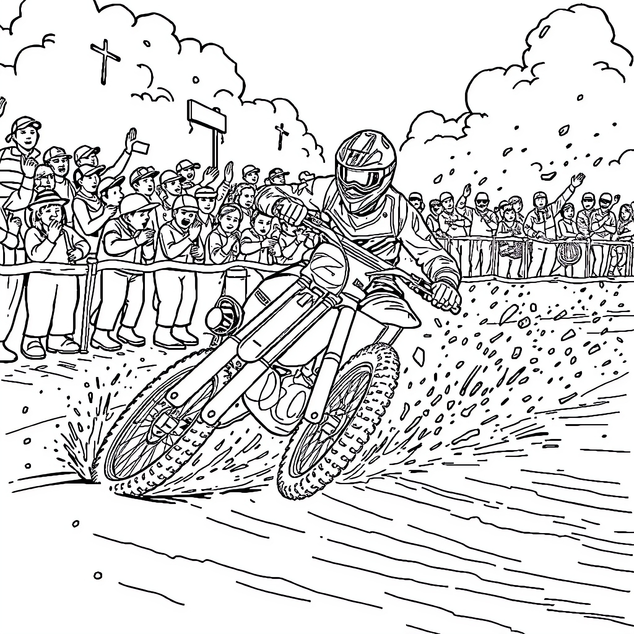 Motocross Racer Speeding Through the Mud Coloring Page (free black-and-white line drawing printable PDF for all, from beginners to advanced learners, including children, teens, adults, and seniors)