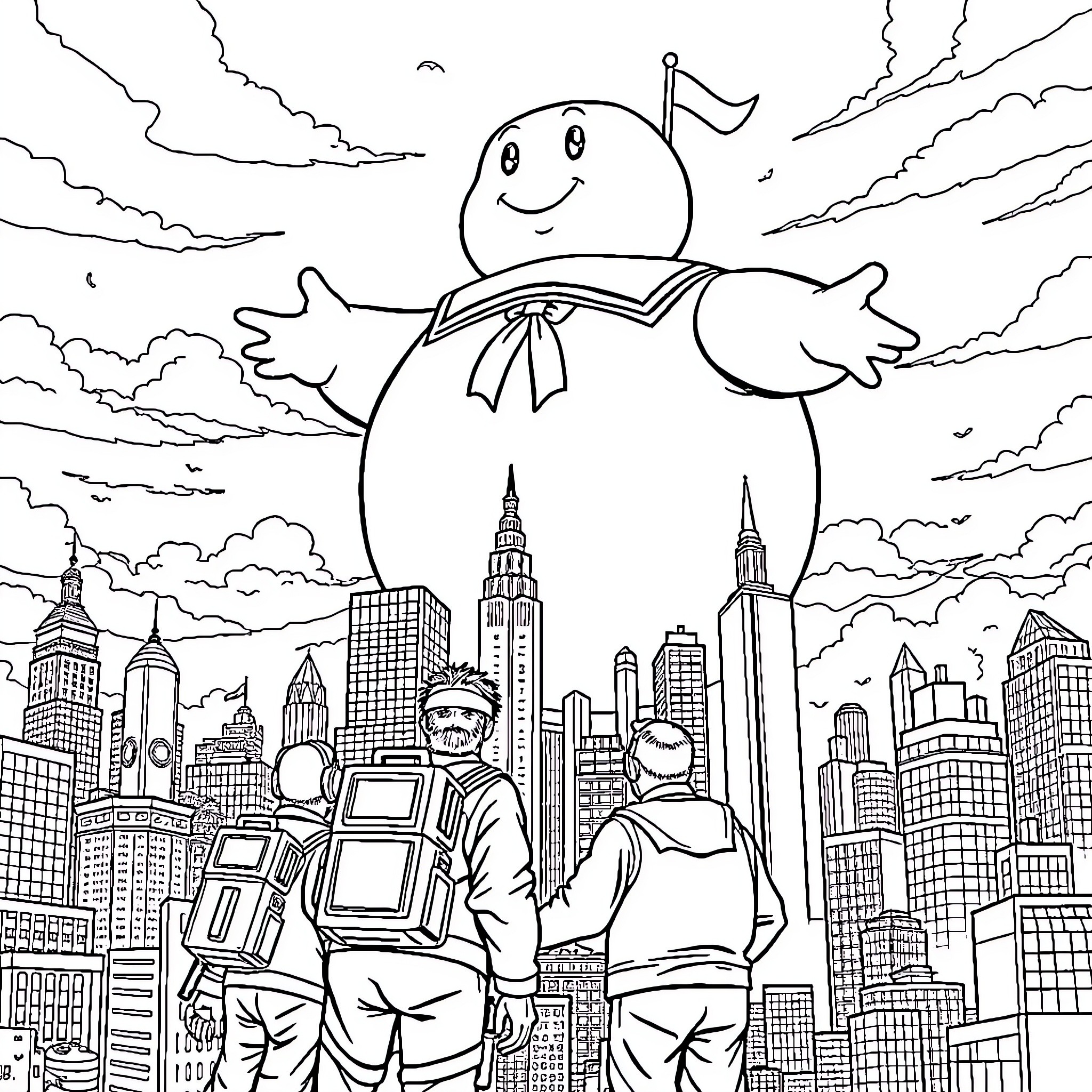 Stay Puft marshmallow monster looming over the city Coloring Page (free black-and-white line drawing printable PDF for all, from beginners to advanced learners, including children, teens, adults, and seniors)