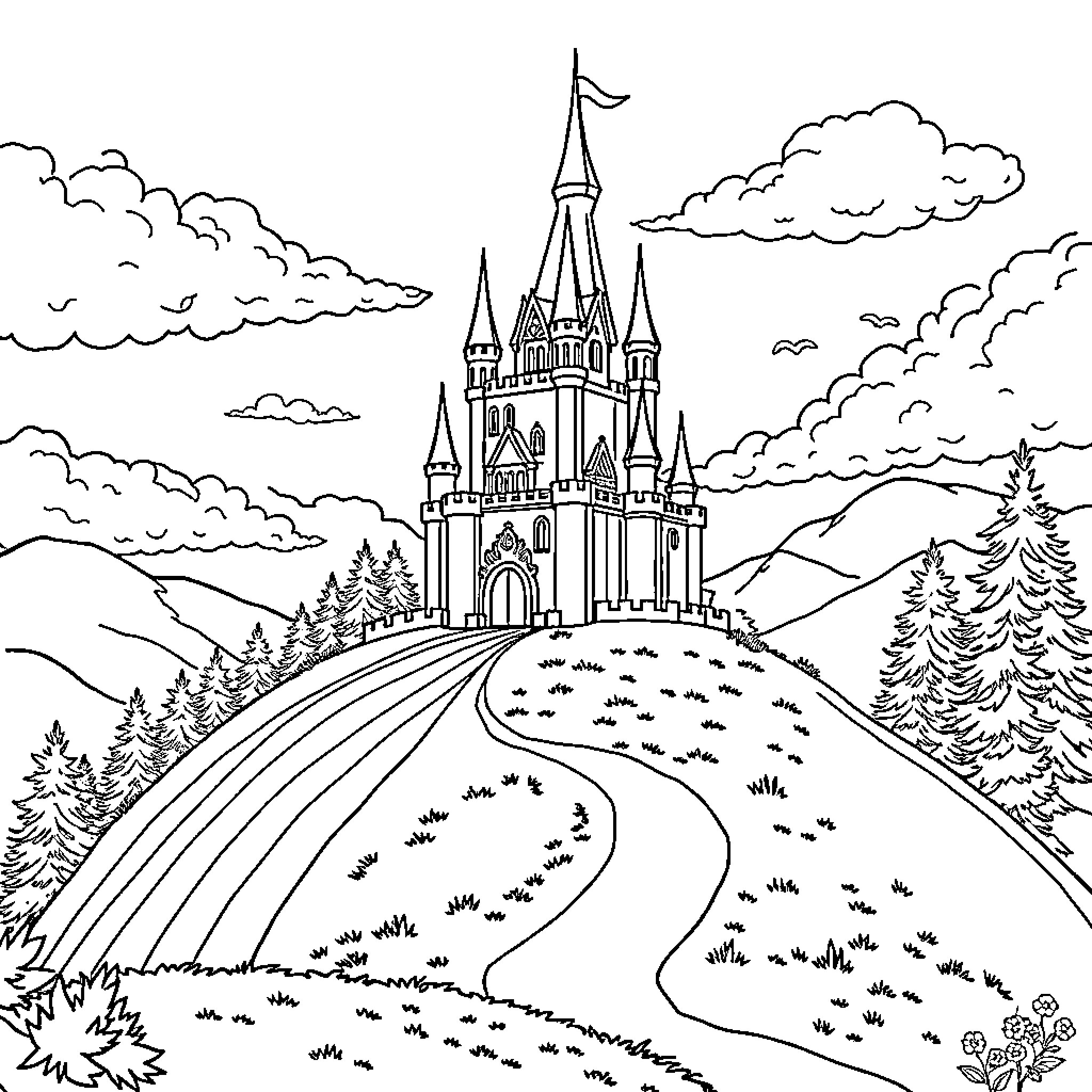 Unicorn Castle in the Enchanted Forest Coloring Page (free black-and-white line drawing printable PDF for all, from beginners to advanced learners, including children, teens, adults, and seniors)