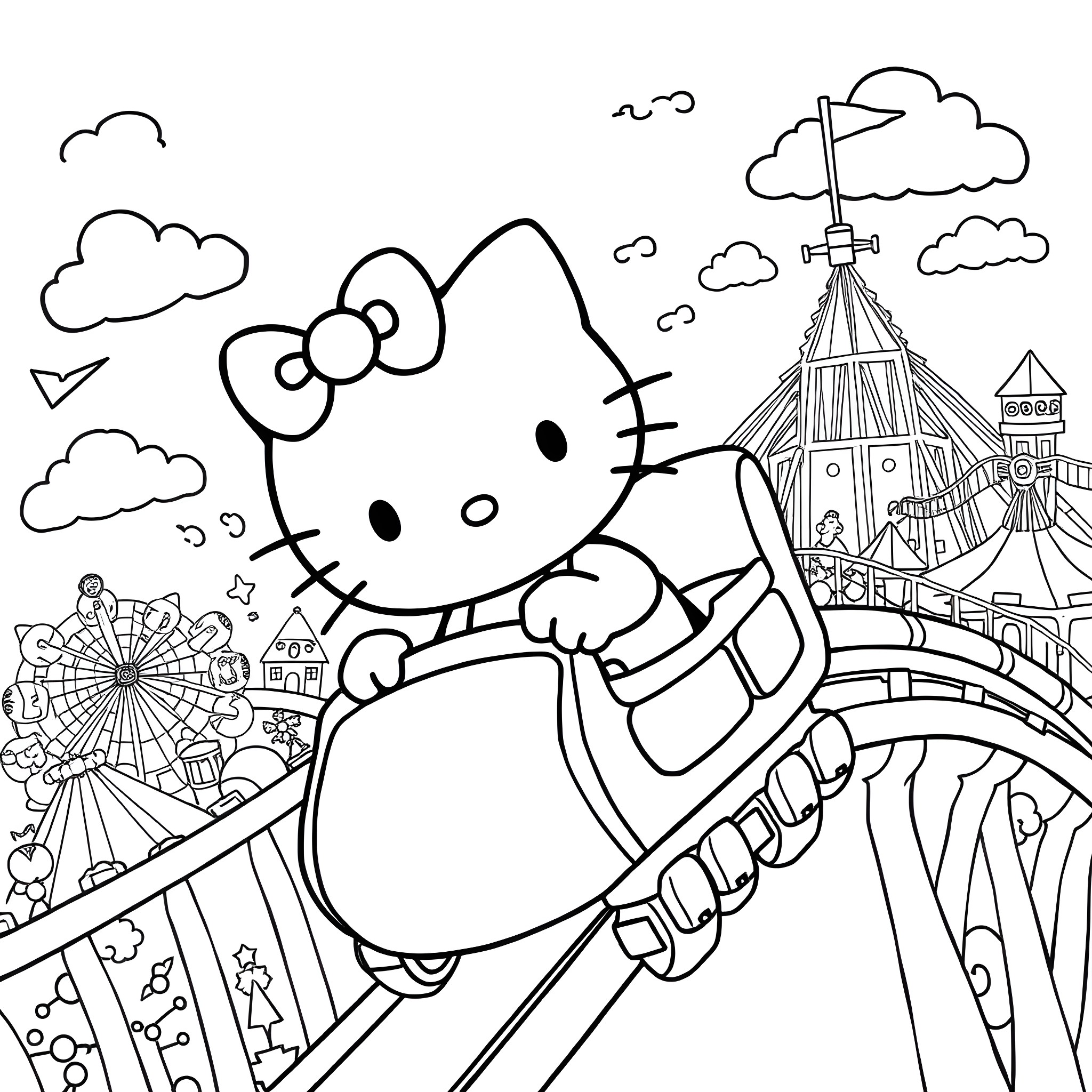 Hello Kitty enjoying a fun-filled carnival adventure Coloring Page (free black-and-white line drawing printable PDF for all, from beginners to advanced learners, including children, teens, adults, and seniors)