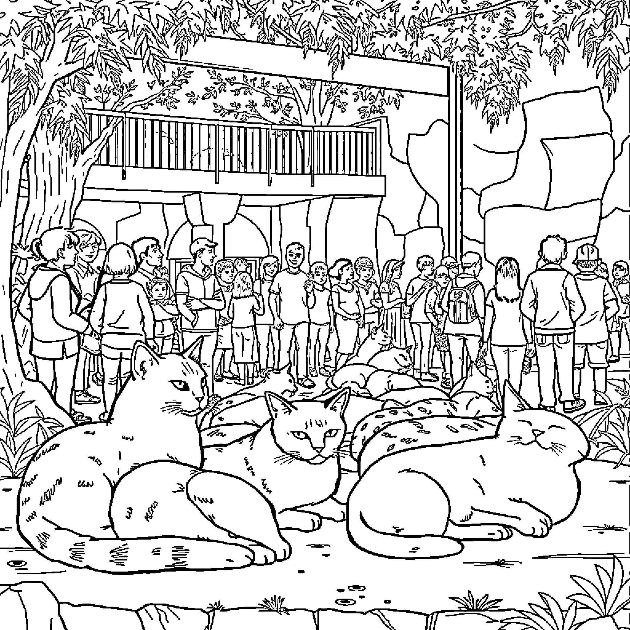 Cat in a crowd of people Coloring Page (free black-and-white line drawing printable PDF for all, from beginners to advanced learners, including children, teens, adults, and seniors)
