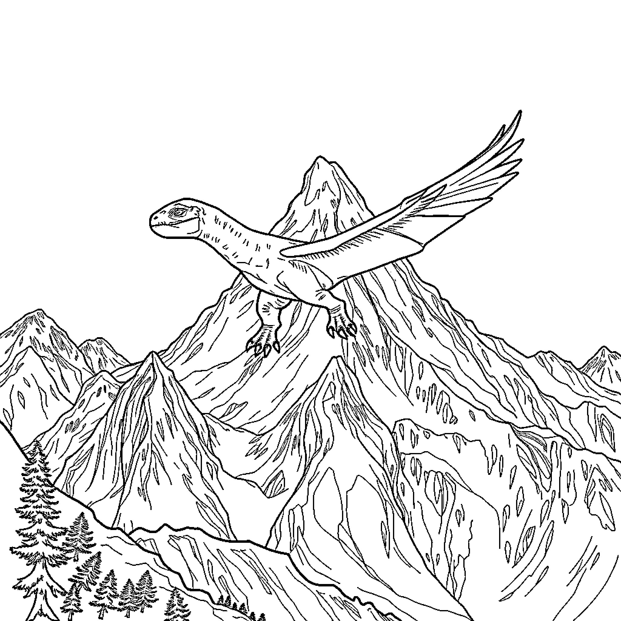 Dinosaur soaring over majestic mountain landscape Coloring Page (free black-and-white line drawing printable PDF for all, from beginners to advanced learners, including children, teens, adults, and seniors)