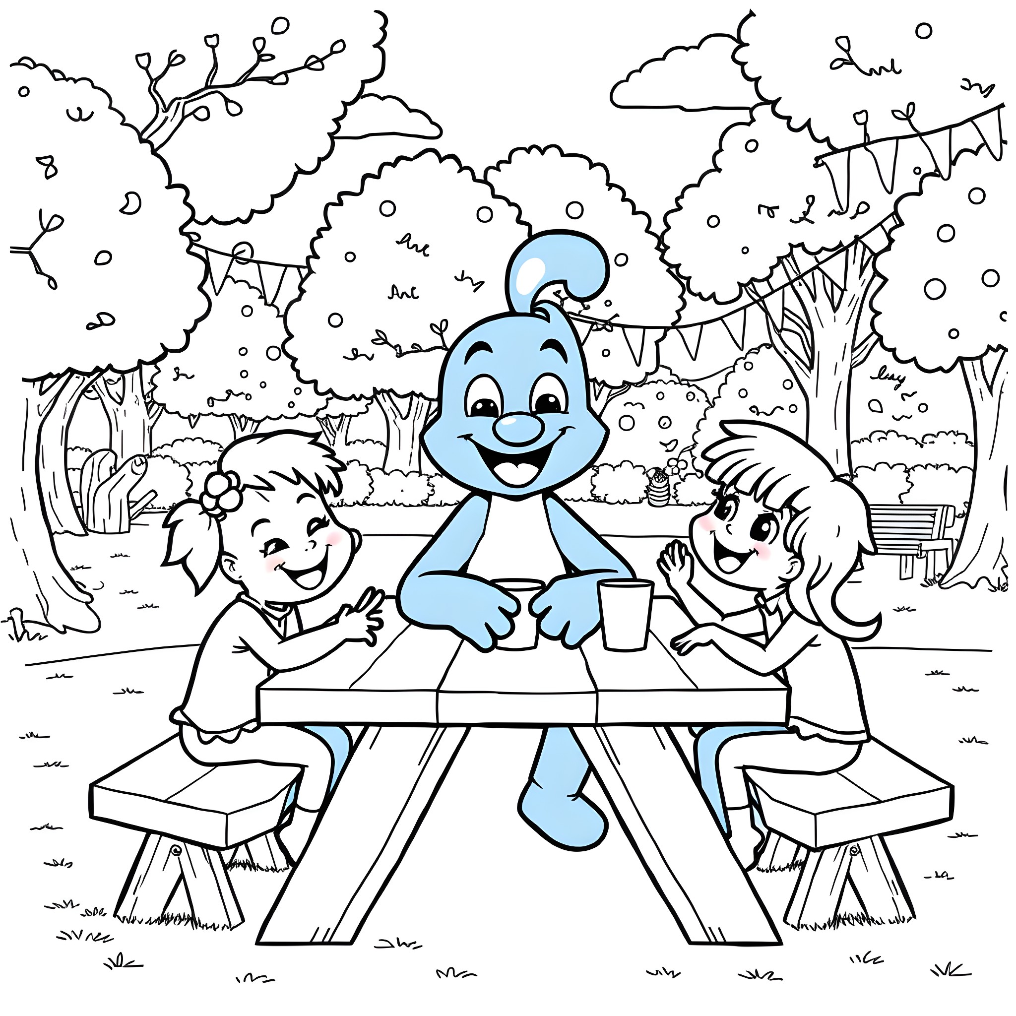 Bluey and friends enjoying a picnic in the park Coloring Page (free black-and-white line drawing printable PDF for all, from beginners to advanced learners, including children, teens, adults, and seniors)