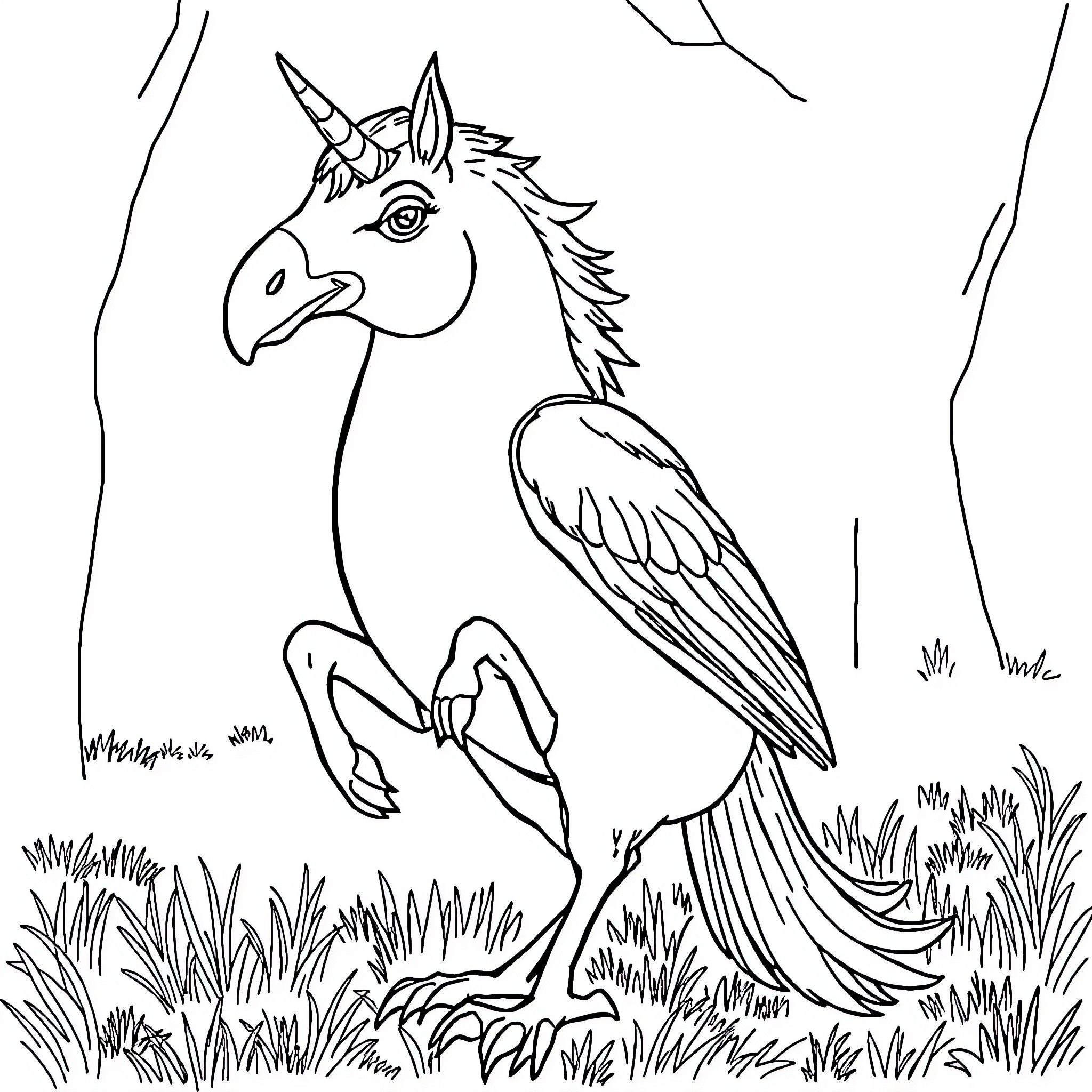 Squirrel-like creature with wings exploring grassy field Coloring Page (free black-and-white line drawing printable PDF for all, from beginners to advanced learners, including children, teens, adults, and seniors)