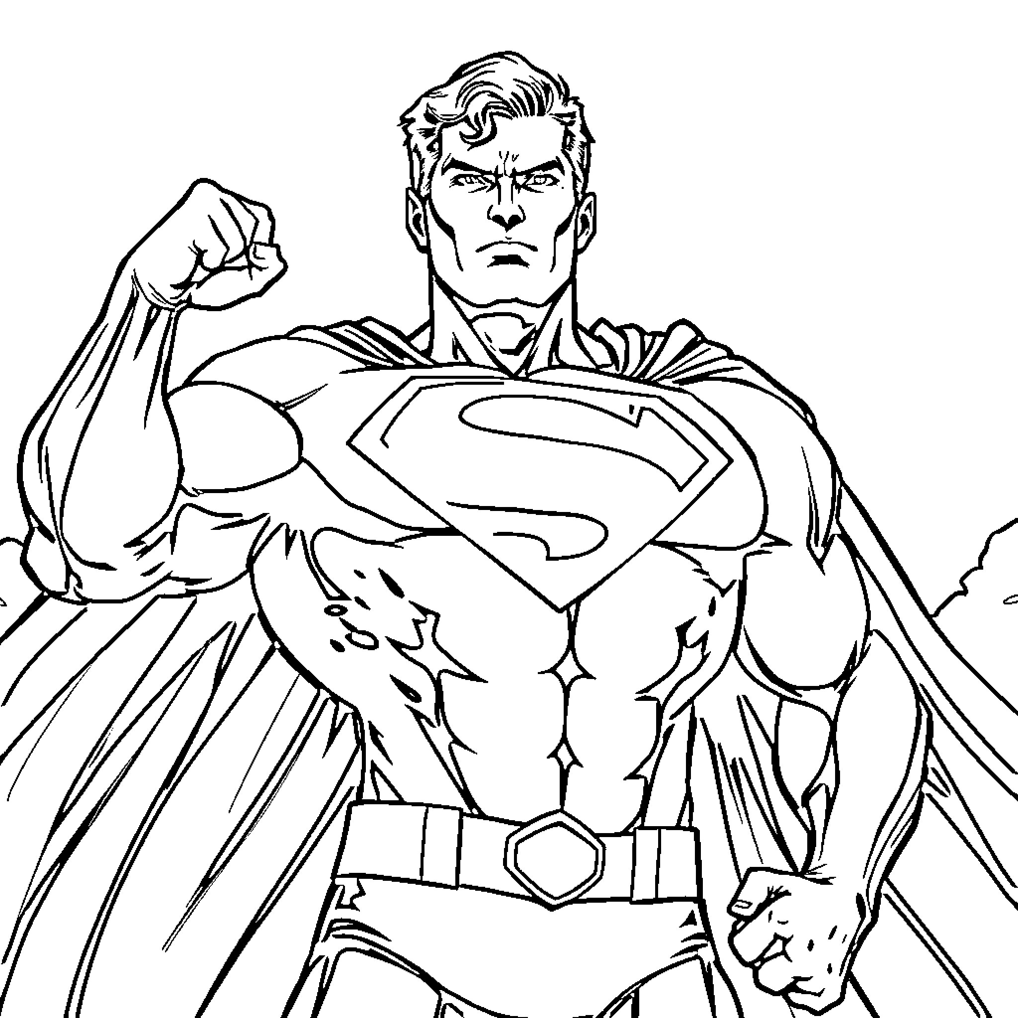 Superman displaying his strength and heroic stance Coloring Page (free black-and-white line drawing printable PDF for all, from beginners to advanced learners, including children, teens, adults, and seniors)