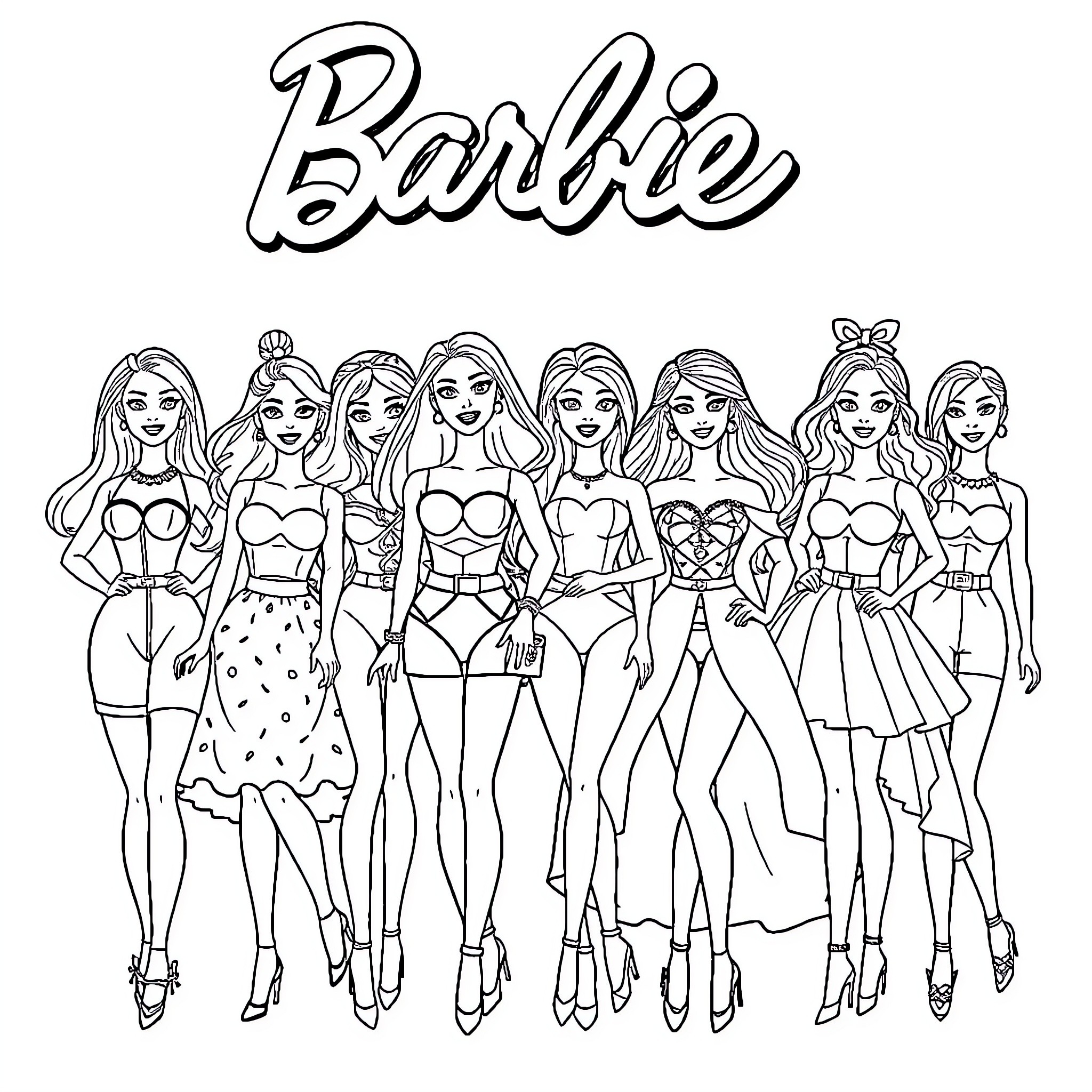 Barbie dolls posing in various fashionable outfits Coloring Page (free black-and-white line drawing printable PDF for all, from beginners to advanced learners, including children, teens, adults, and seniors)