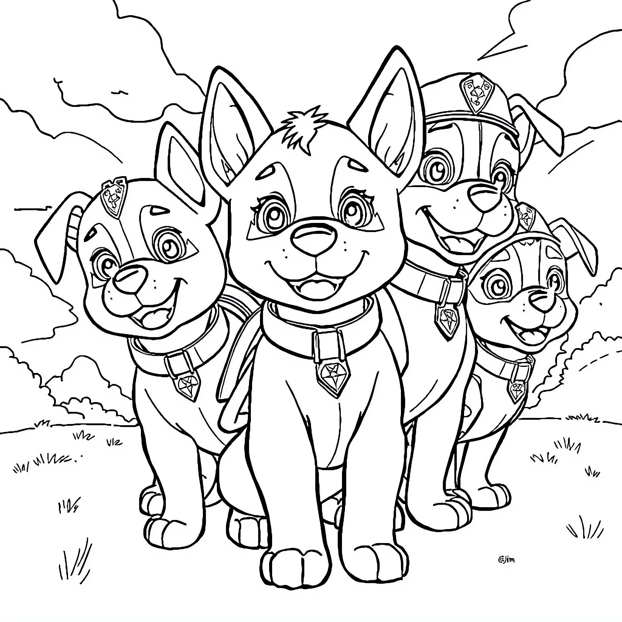 Paw Patrol Team Ready for Adventure Coloring Page (free black-and-white line drawing printable PDF for all, from beginners to advanced learners, including children, teens, adults, and seniors)