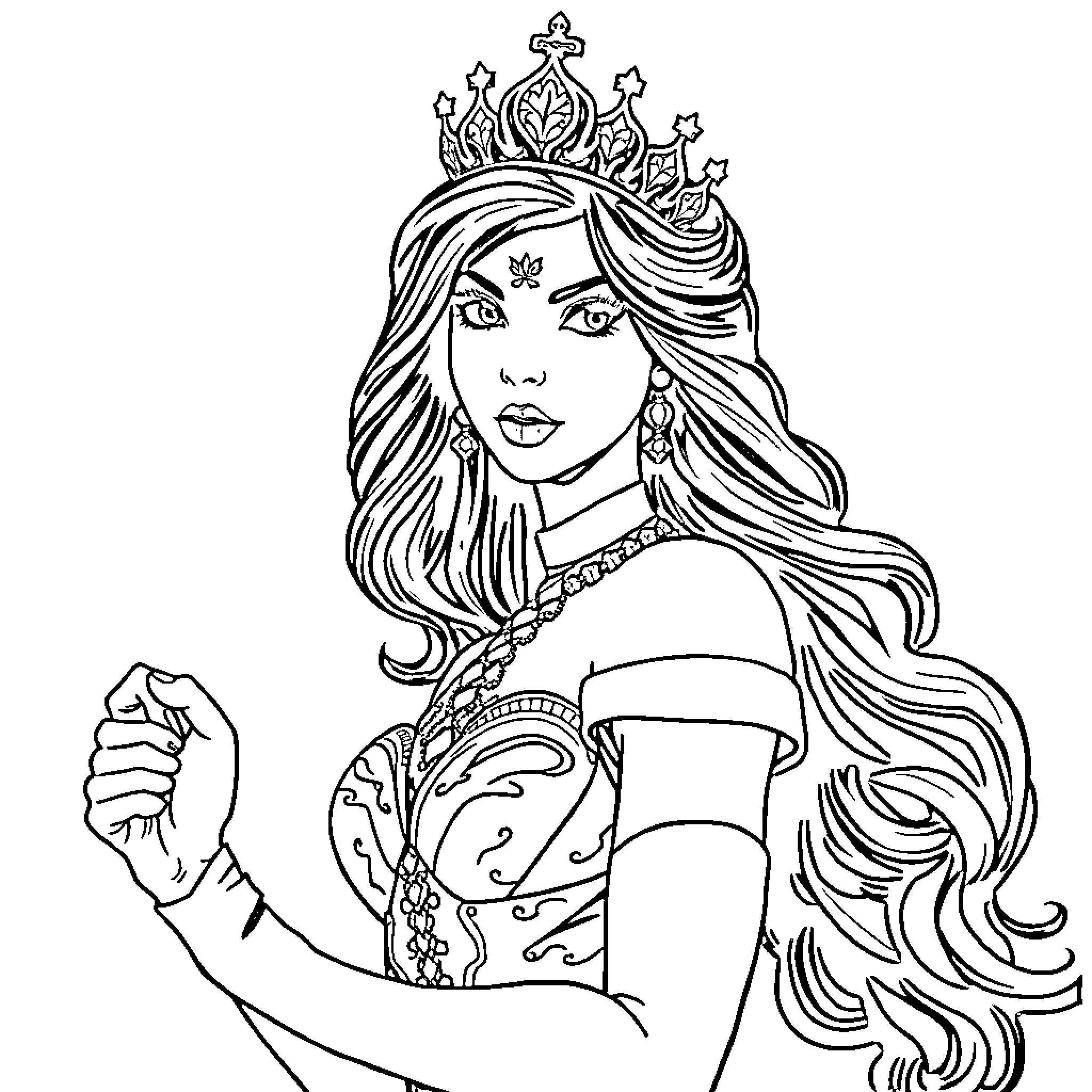 Wonder Woman with Flowing Hair and Tiara Coloring Page (free black-and-white line drawing printable PDF for all, from beginners to advanced learners, including children, teens, adults, and seniors)