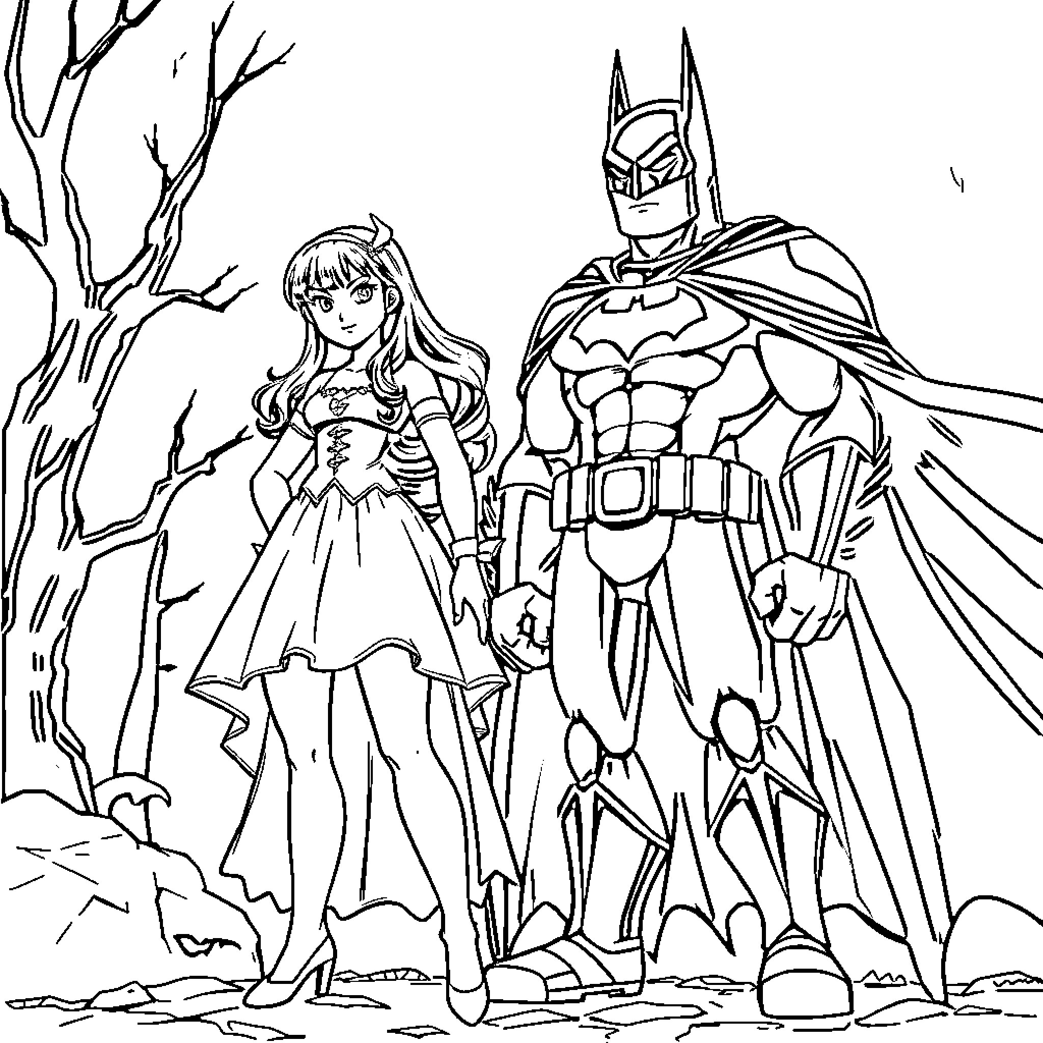Snow White standing beside a superhero in a forest Coloring Page (free black-and-white line drawing printable PDF for all, from beginners to advanced learners, including children, teens, adults, and seniors)