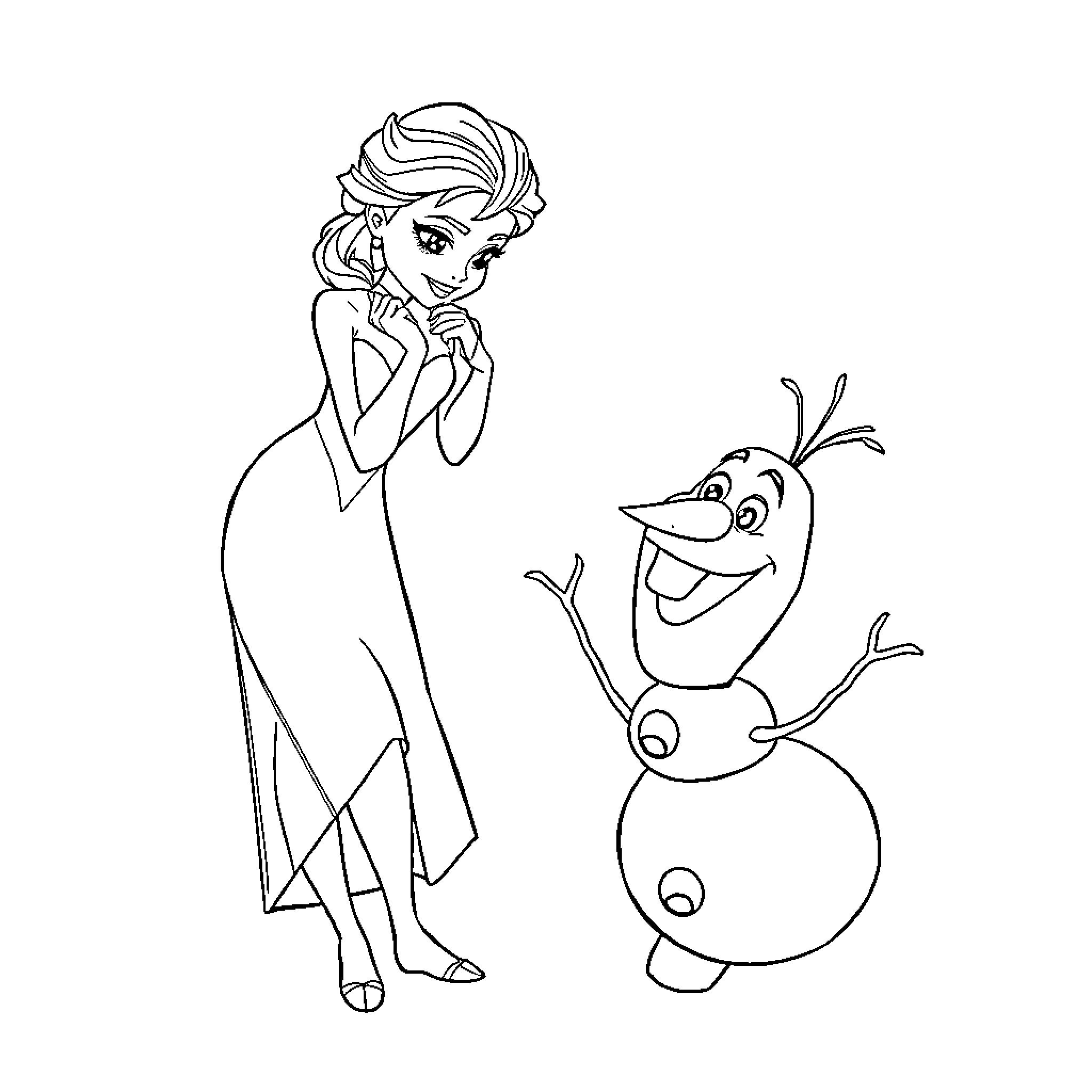 Elsa and Olaf sharing a moment Coloring Page (free black-and-white line drawing printable PDF for all, from beginners to advanced learners, including children, teens, adults, and seniors)