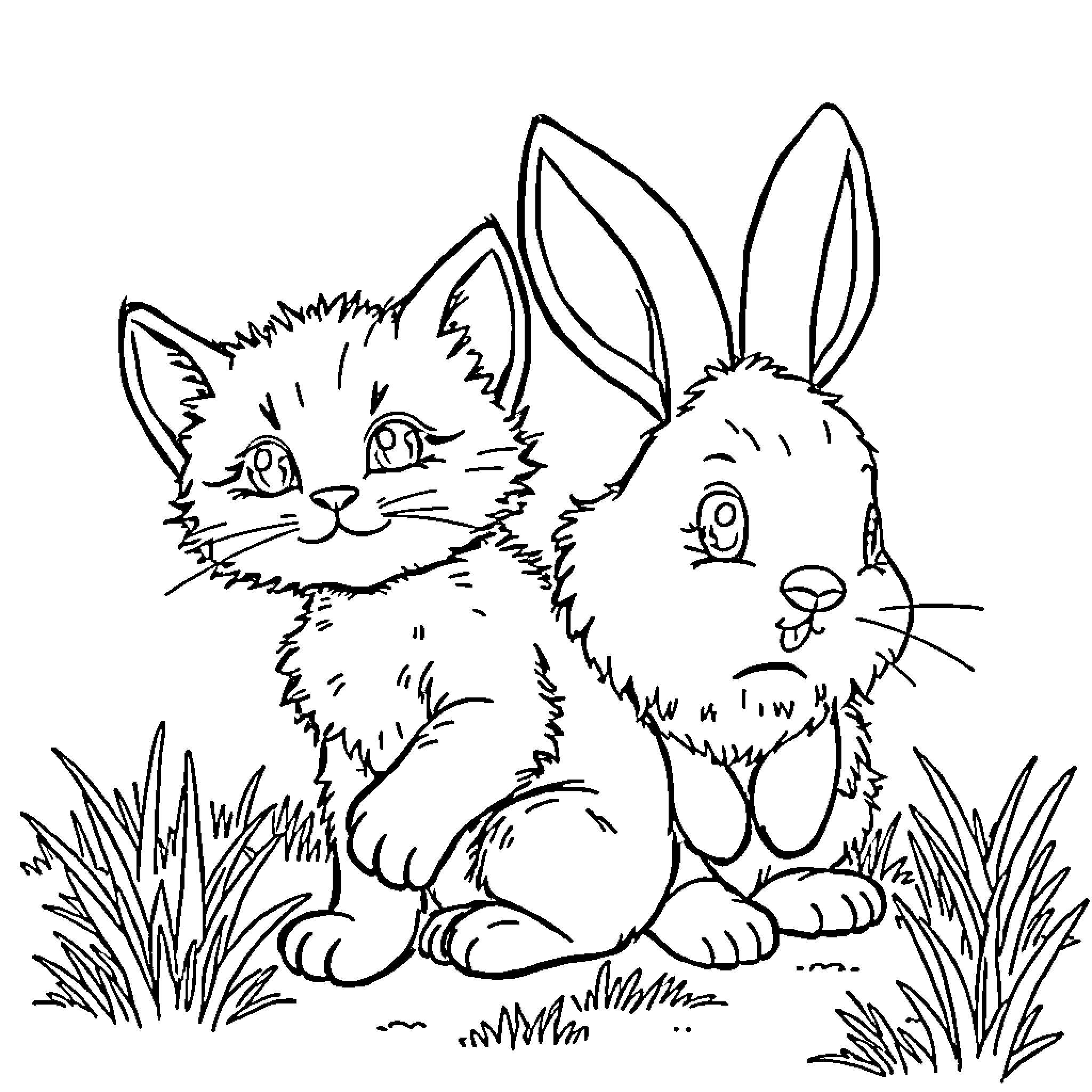 Kitten and Bunny Friends in the Grass Coloring Page (free black-and-white line drawing printable PDF for all, from beginners to advanced learners, including children, teens, adults, and seniors)