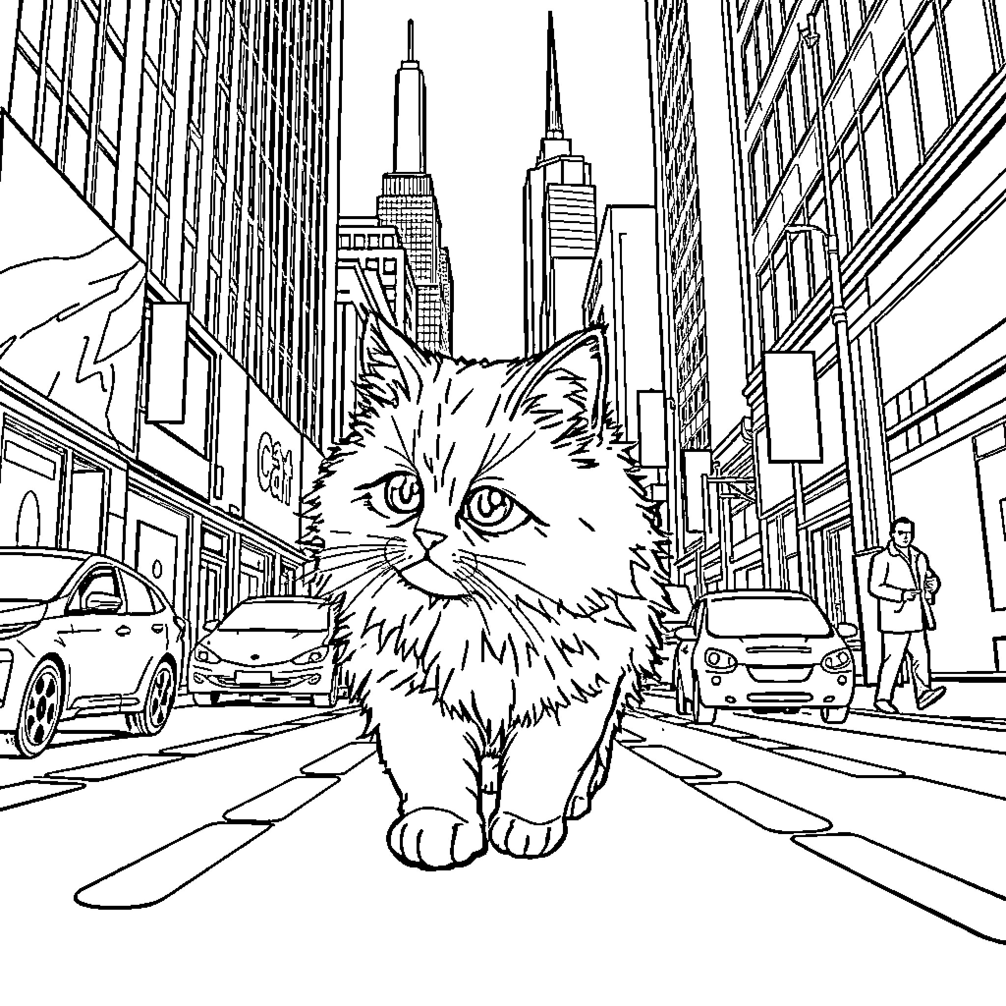 Cat exploring the bustling city streets Coloring Page (free black-and-white line drawing printable PDF for all, from beginners to advanced learners, including children, teens, adults, and seniors)