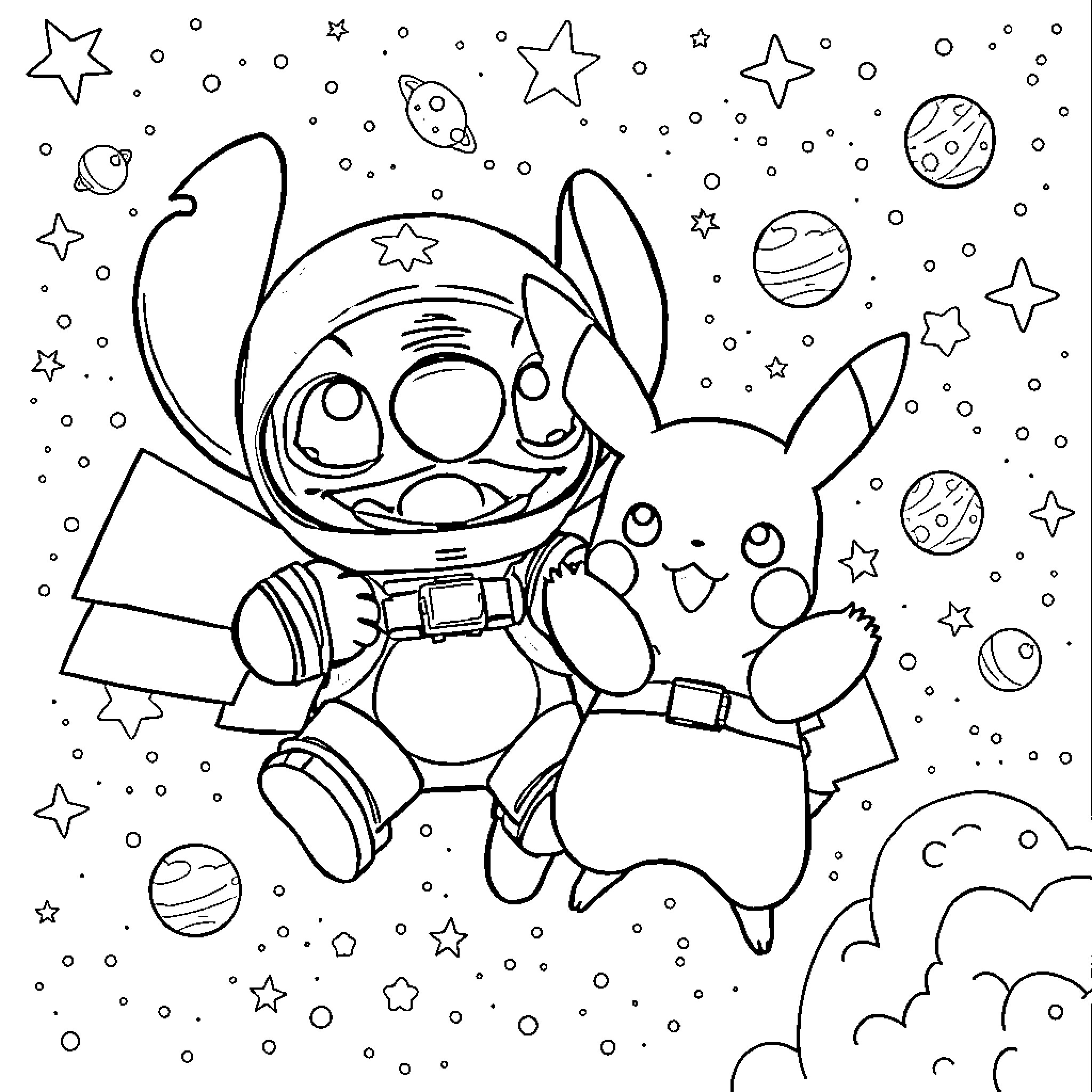 Astronaut and Pokemon Exploring Cosmic Realm Coloring Page (free black-and-white line drawing printable PDF for all, from beginners to advanced learners, including children, teens, adults, and seniors)