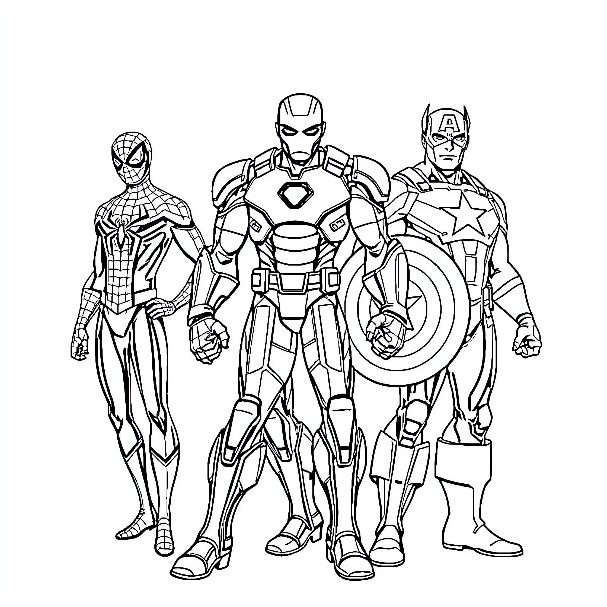 Marvel Characters Assembled in Action Poses Coloring Page (free black-and-white line drawing printable PDF for all, from beginners to advanced learners, including children, teens, adults, and seniors)