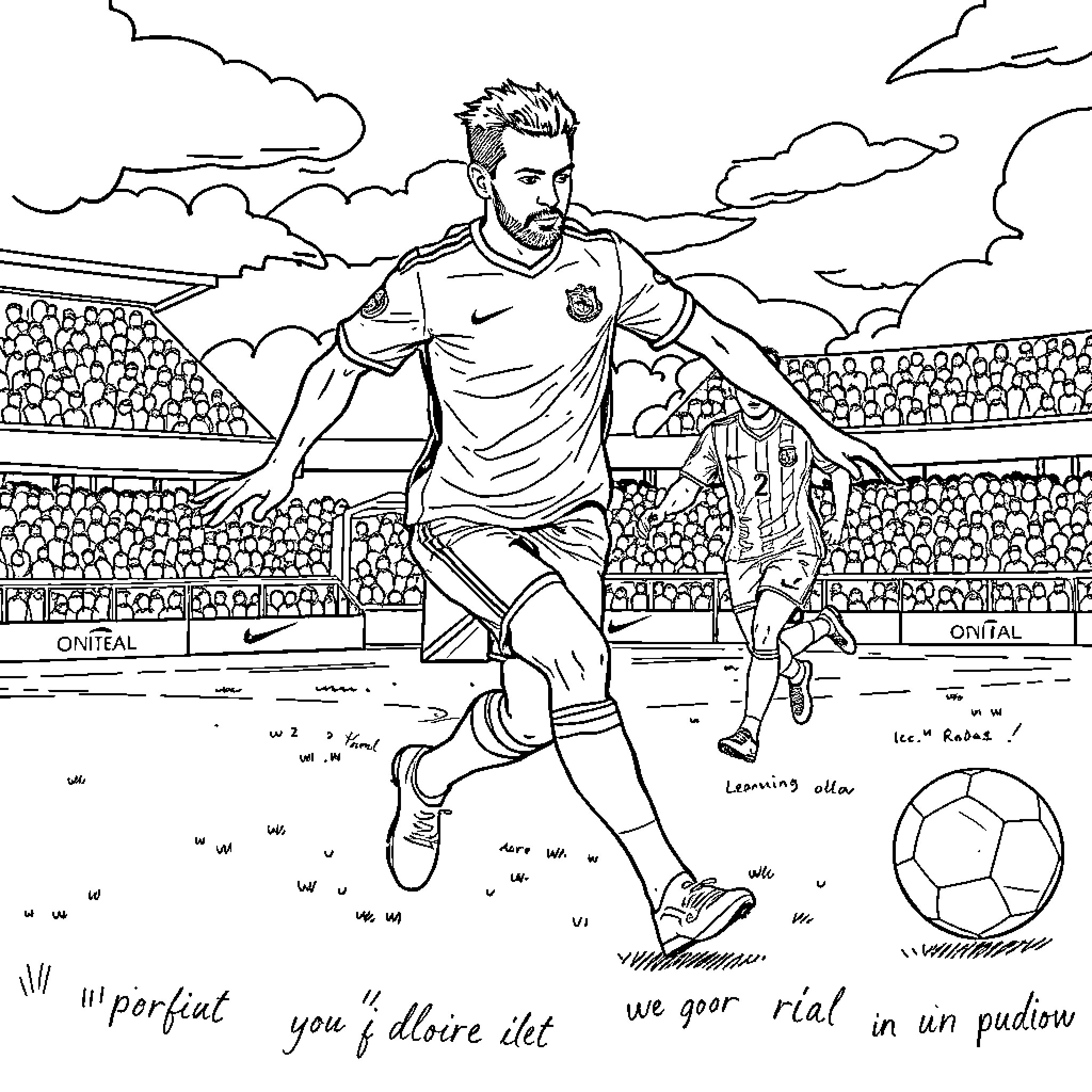 Lamine Yamal playing soccer on the field Coloring Page (free black-and-white line drawing printable PDF for all, from beginners to advanced learners, including children, teens, adults, and seniors)