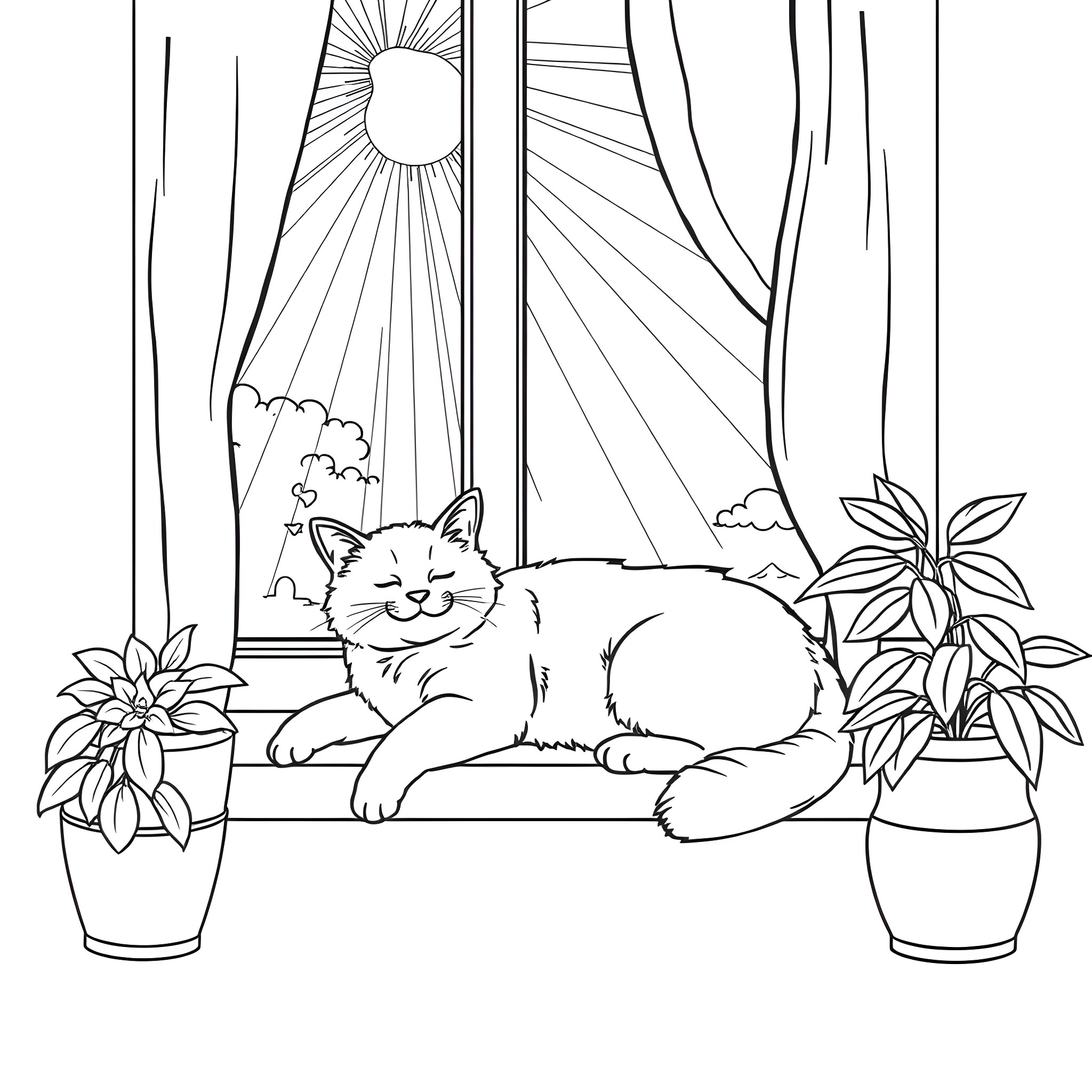 Cat relaxing peacefully in cozy indoor setting Coloring Page (free black-and-white line drawing printable PDF for all, from beginners to advanced learners, including children, teens, adults, and seniors)