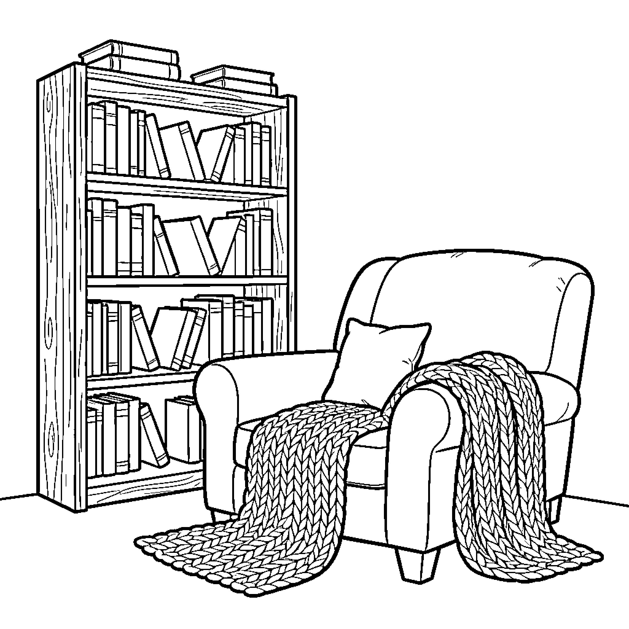 Reading Nook with Cozy Furnishings Coloring Page (free black-and-white line drawing printable PDF for all, from beginners to advanced learners, including children, teens, adults, and seniors)