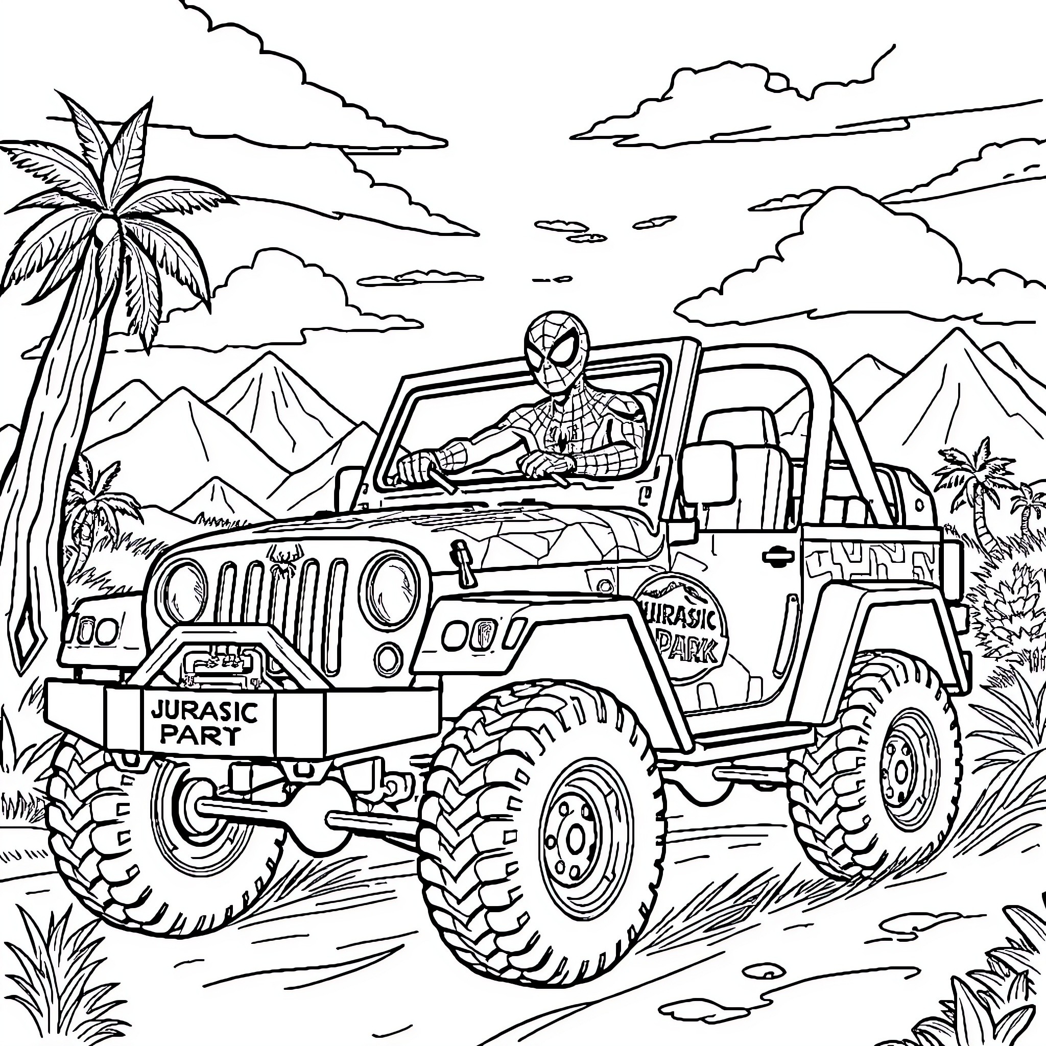 Spider-Man driving Jurassic Park Jeep in adventure landscape Coloring Page (free black-and-white line drawing printable PDF for all, from beginners to advanced learners, including children, teens, adults, and seniors)