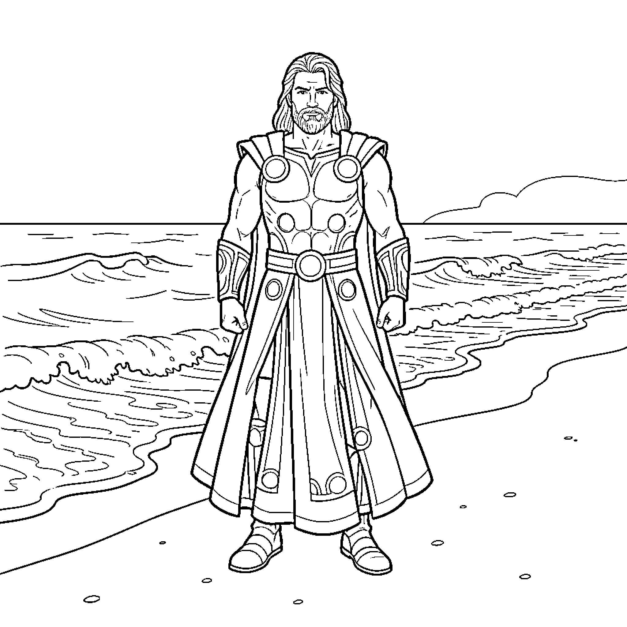 Thor standing heroically in a dramatic landscape Coloring Page (free black-and-white line drawing printable PDF for all, from beginners to advanced learners, including children, teens, adults, and seniors)